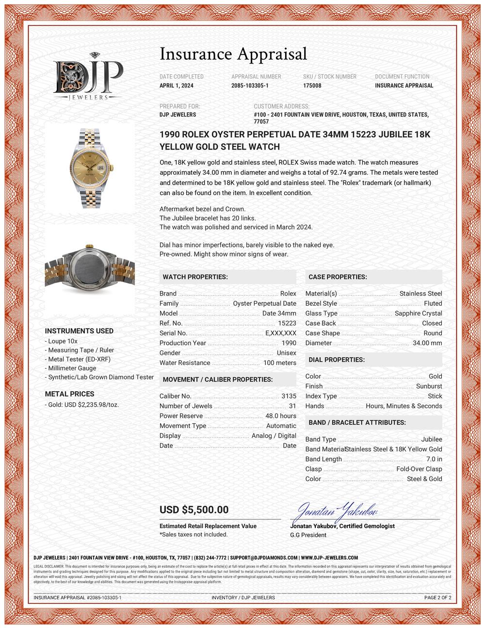 1990 Rolex Oyster Perpetual Date 34MM 15223 Jubilee 18K Yellow Gold Steel Watch For Sale 6