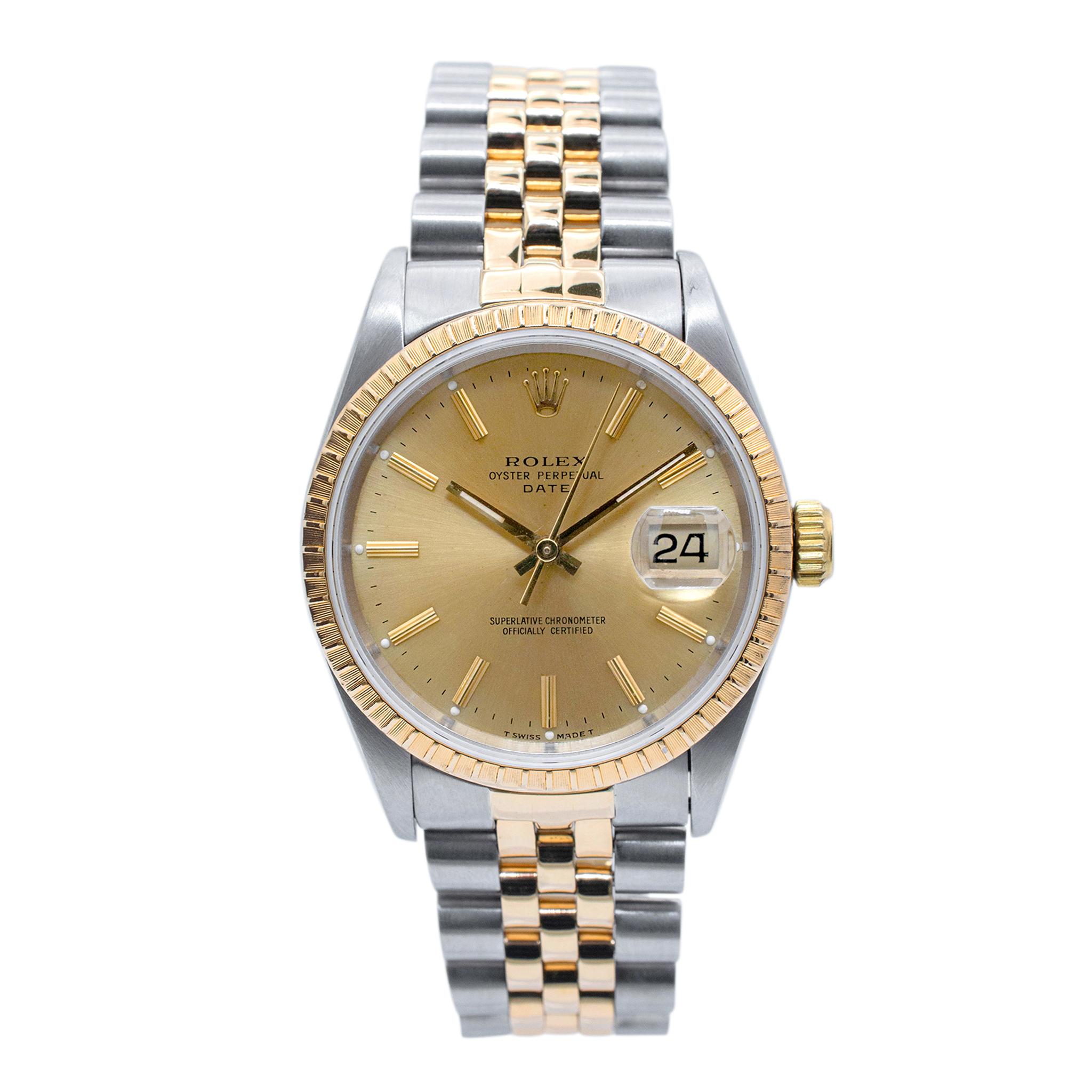 Marque : Rolex

Type de métal : Acier inoxydable et or jaune 18K

Diamètre : 34 mm

Poids total : 92,74 grammes

Montre ROLEX de fabrication suisse. Les métaux ont été testés et il a été déterminé qu'il s'agissait d'or jaune 18 carats et d'acier