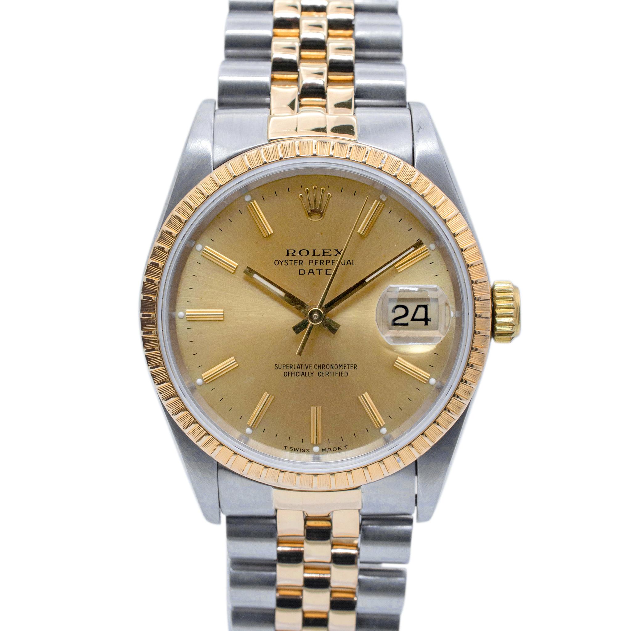 1990 Rolex Oyster Perpetual Date 34MM 15223 Jubilee 18K Yellow Gold Steel Watch In Excellent Condition For Sale In Houston, TX