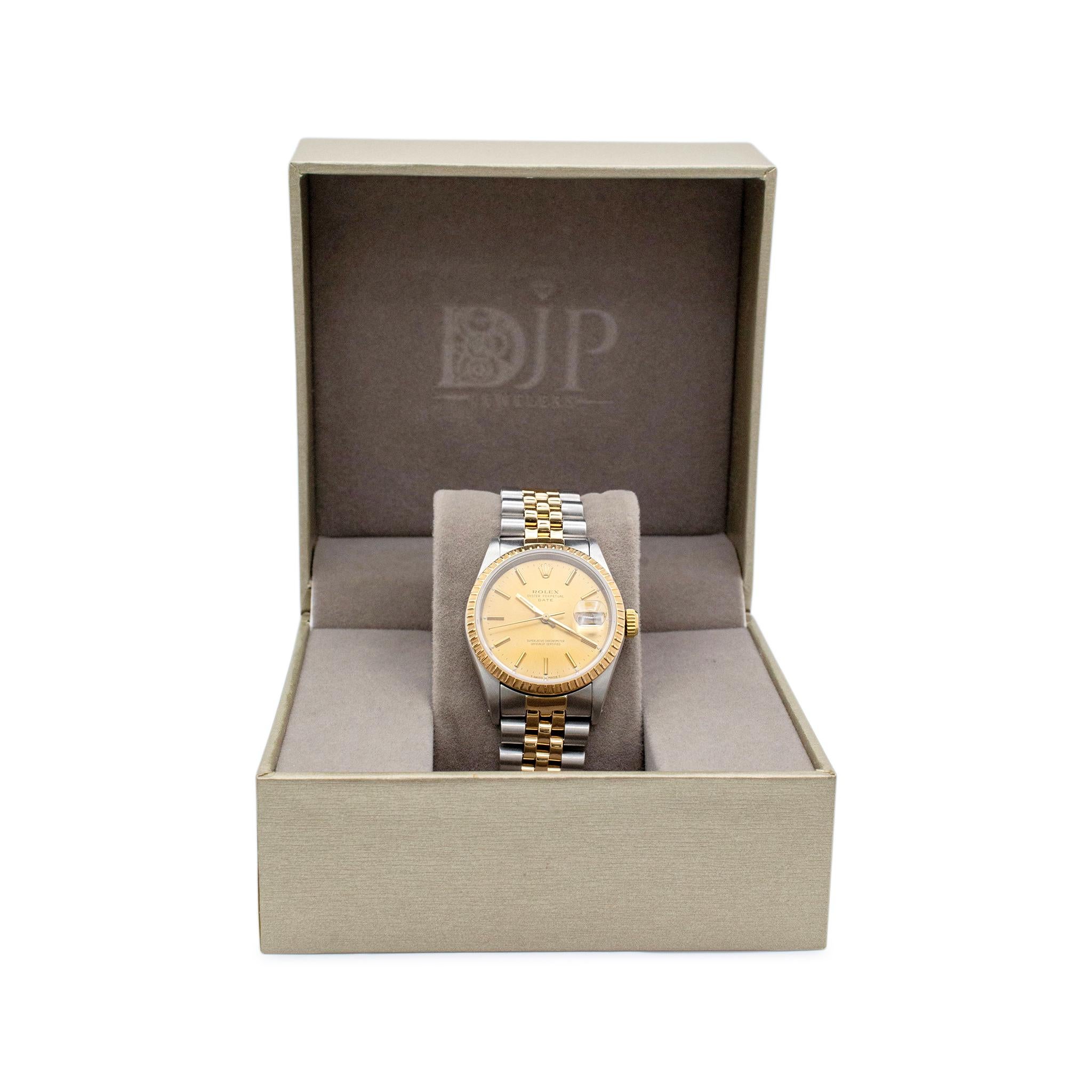 1990 Rolex Oyster Perpetual Date 34MM 15223 Jubilee 18K Yellow Gold Steel Watch For Sale 4