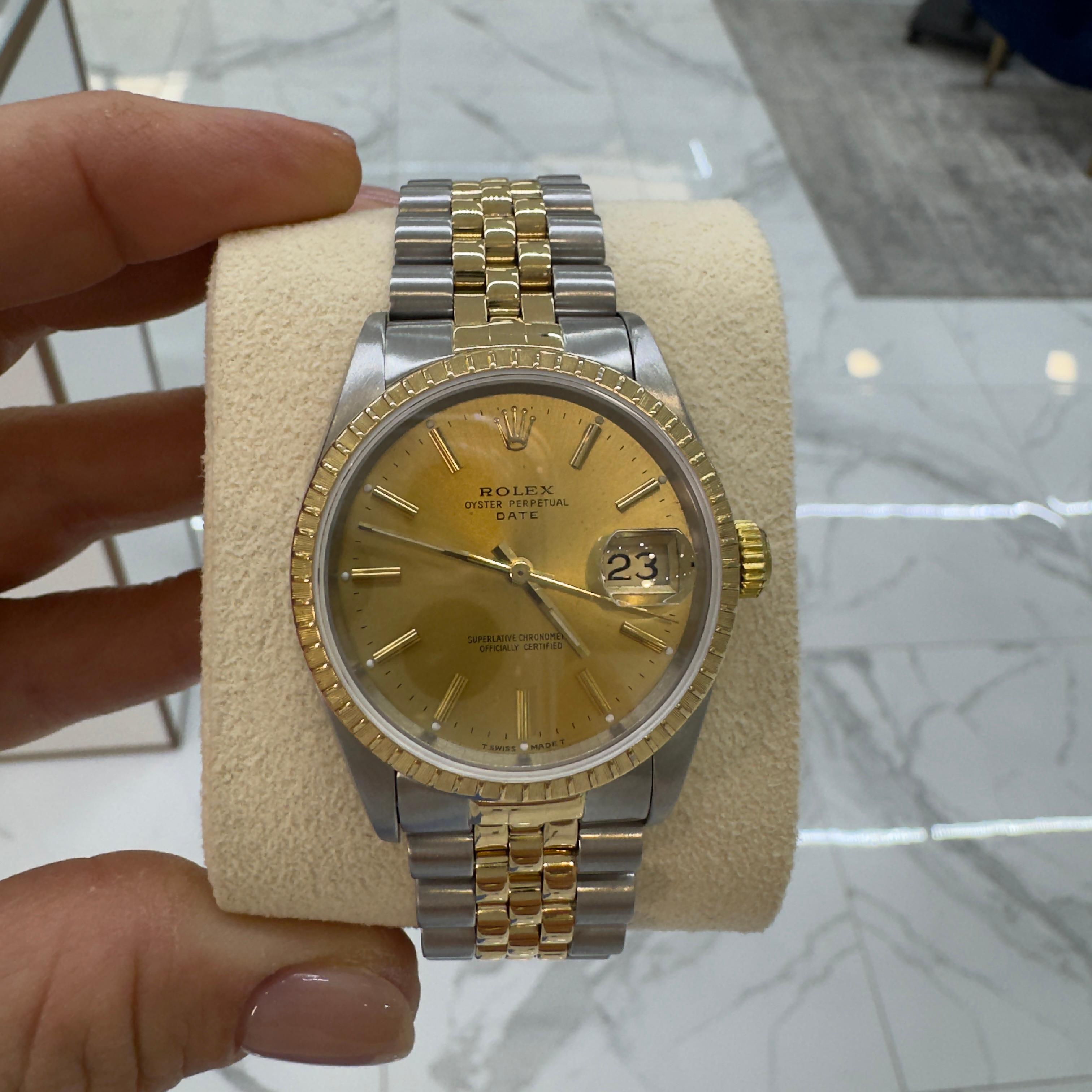 1990 Rolex Oyster Perpetual Date 34MM 15223 Jubilee 18K Yellow Gold Steel Watch For Sale 5