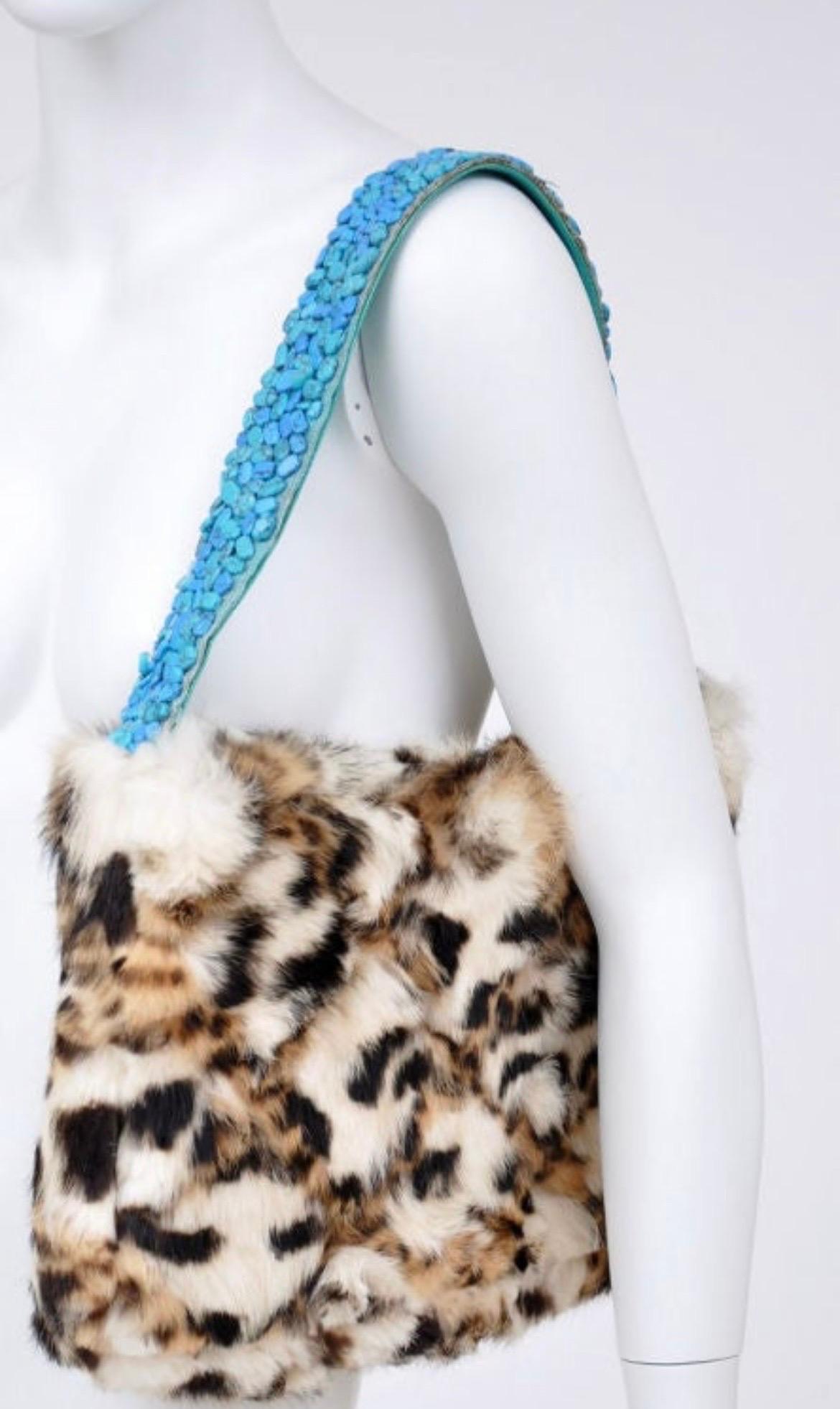 1990-s Rare Gianni Versace Fur Handbag with Turquoise Stones In Excellent Condition For Sale In Montgomery, TX