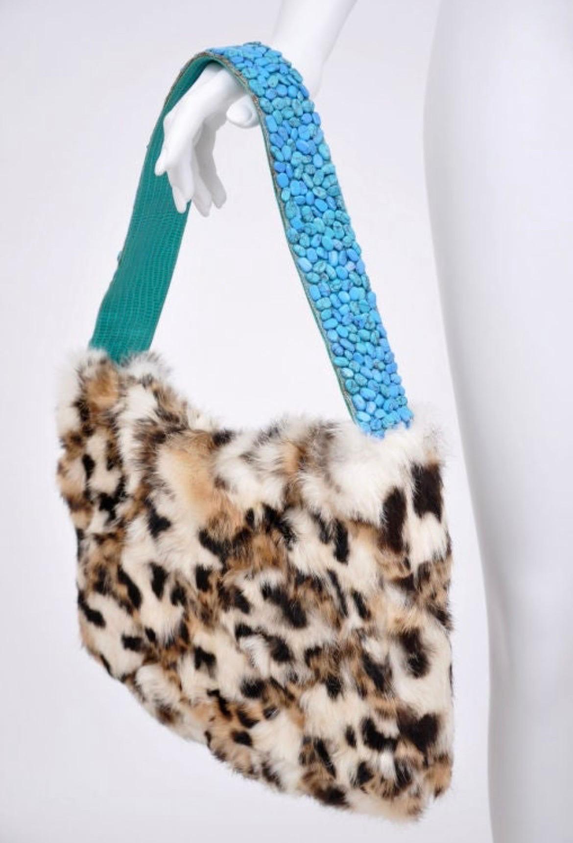 Women's 1999 Rare Gianni Versace Runway Animal print Fur Handbag with Turquoise Stones For Sale
