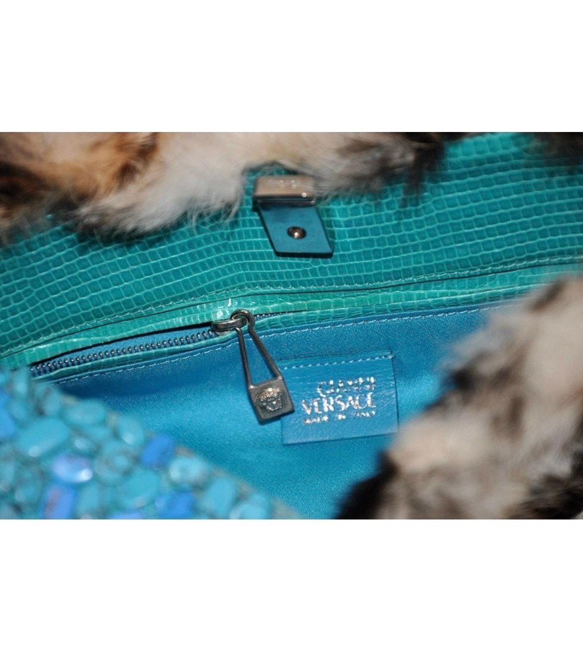 1999 Rare Gianni Versace Runway Animal print Fur Handbag with Turquoise Stones For Sale 1
