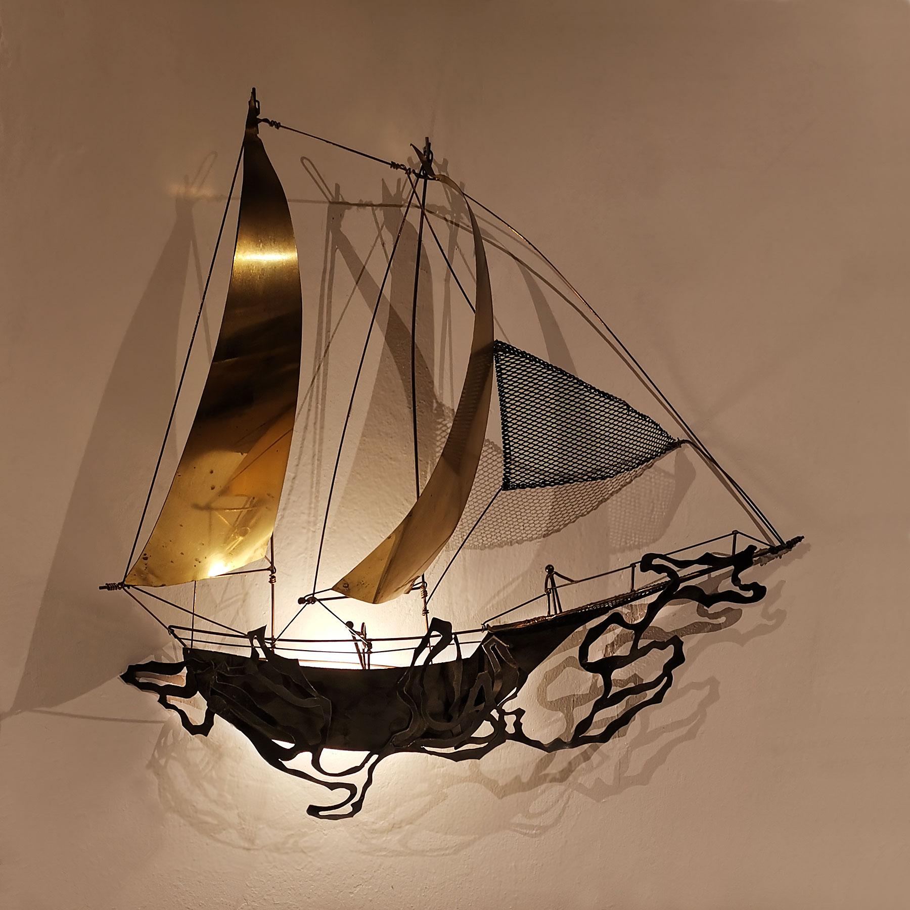 Late 20th Century 1990s Wall Ship Sculpture Sconce by J.P. Jolly, Iron, Brass, Belgium For Sale