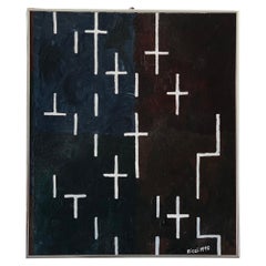 1990 Signed Abstract Black & White Painting by Ricci – Modern Geometric
