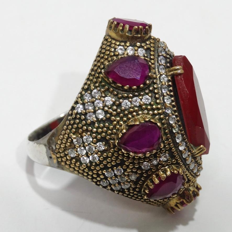 Women's or Men's 1990 Silver 925 Synthetic Ruby Cocktail Ring For Sale