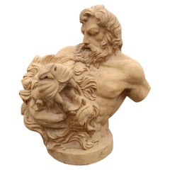 1990 Spanish Hand Carved Limestone Marble "Samson Fighting with the Lion" Bust 