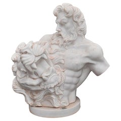 1990 Spanish Hand Carved White Marble "Samson Fighting with the Lion" Bust