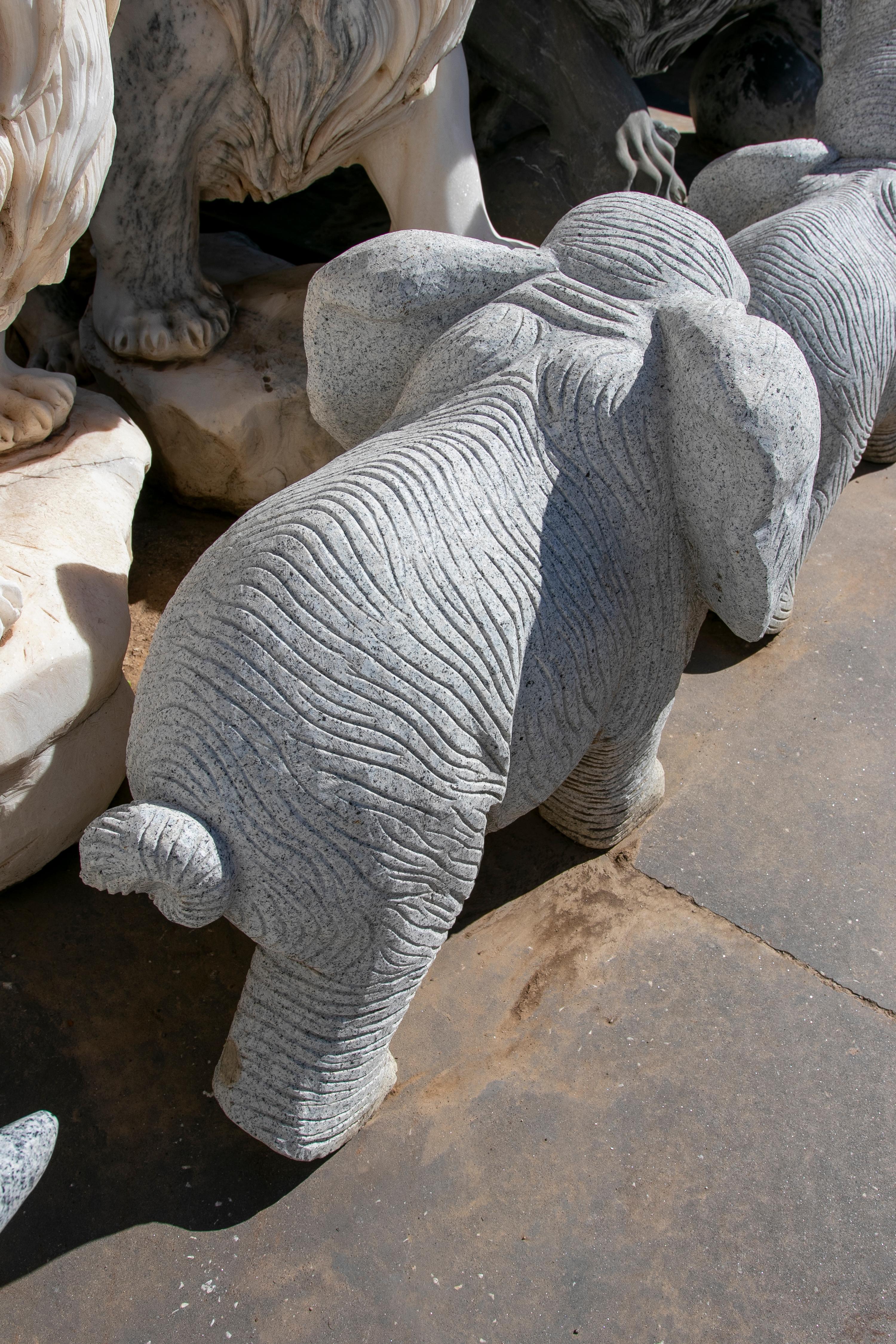 1990 Spanish Handcarved Grey Granite Stone Family Set of Elephants For Sale 9