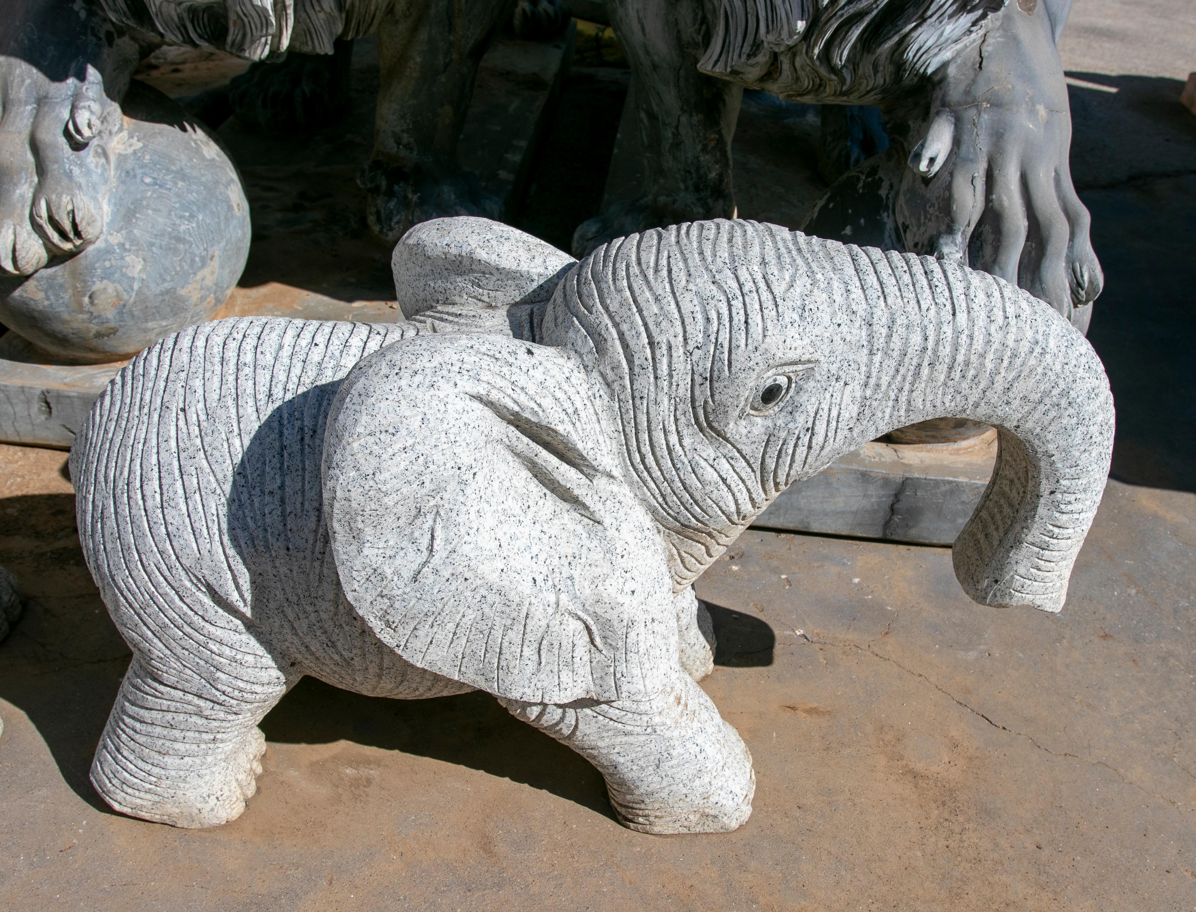Hand-Carved 1990 Spanish Handcarved Grey Granite Stone Family Set of Elephants For Sale