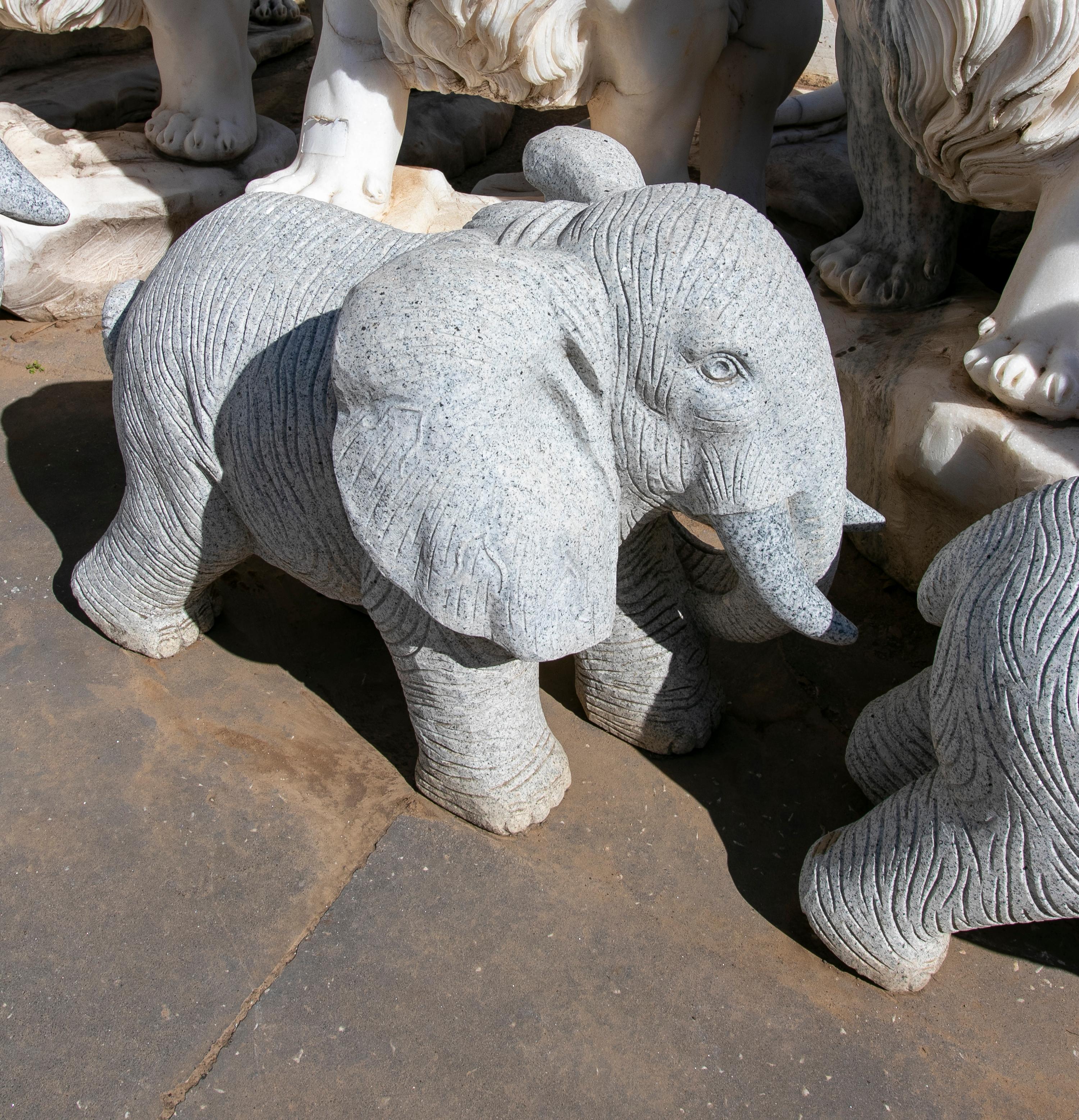 20th Century 1990 Spanish Handcarved Grey Granite Stone Family Set of Elephants For Sale