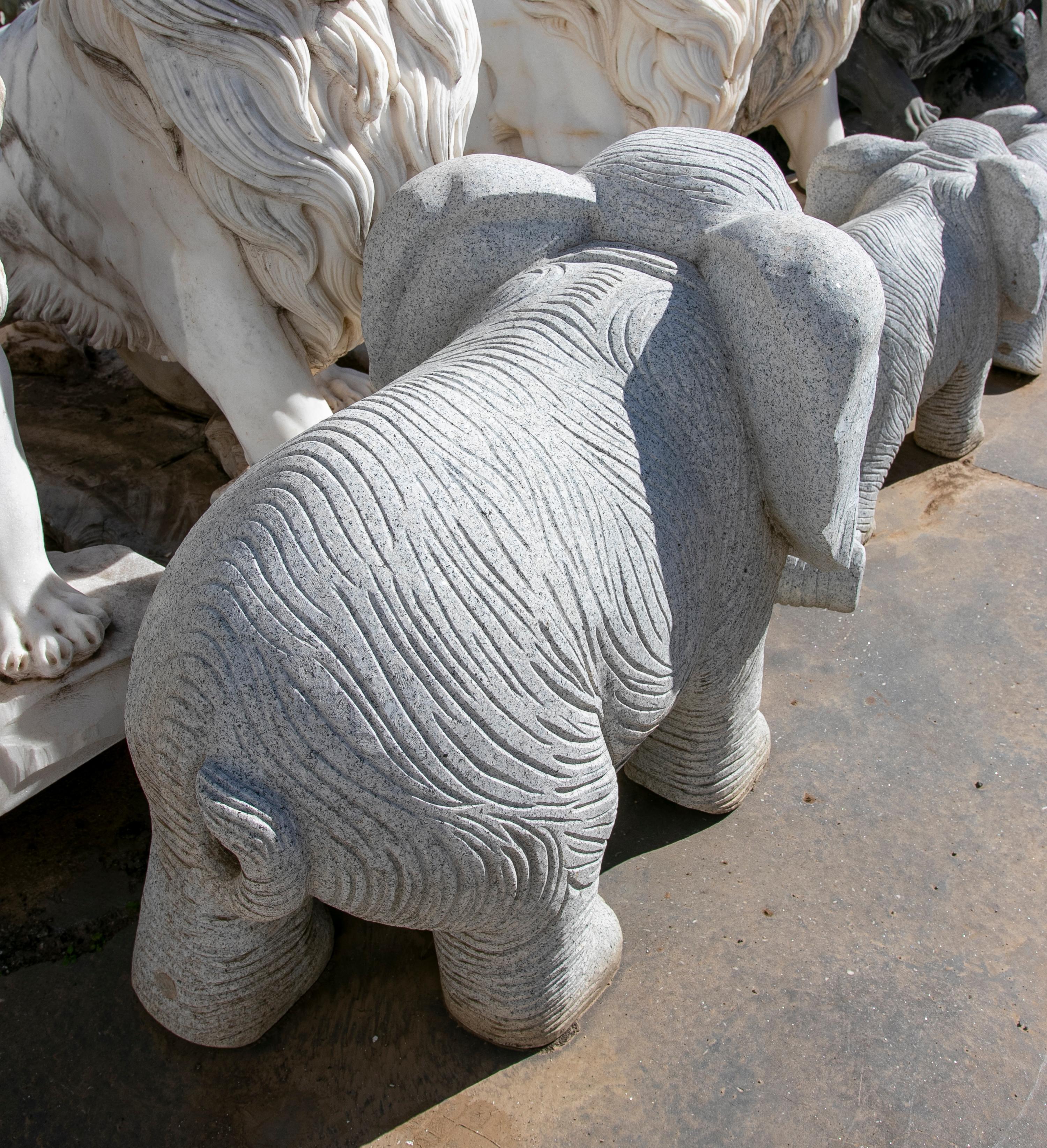 1990 Spanish Handcarved Grey Granite Stone Family Set of Elephants For Sale 3