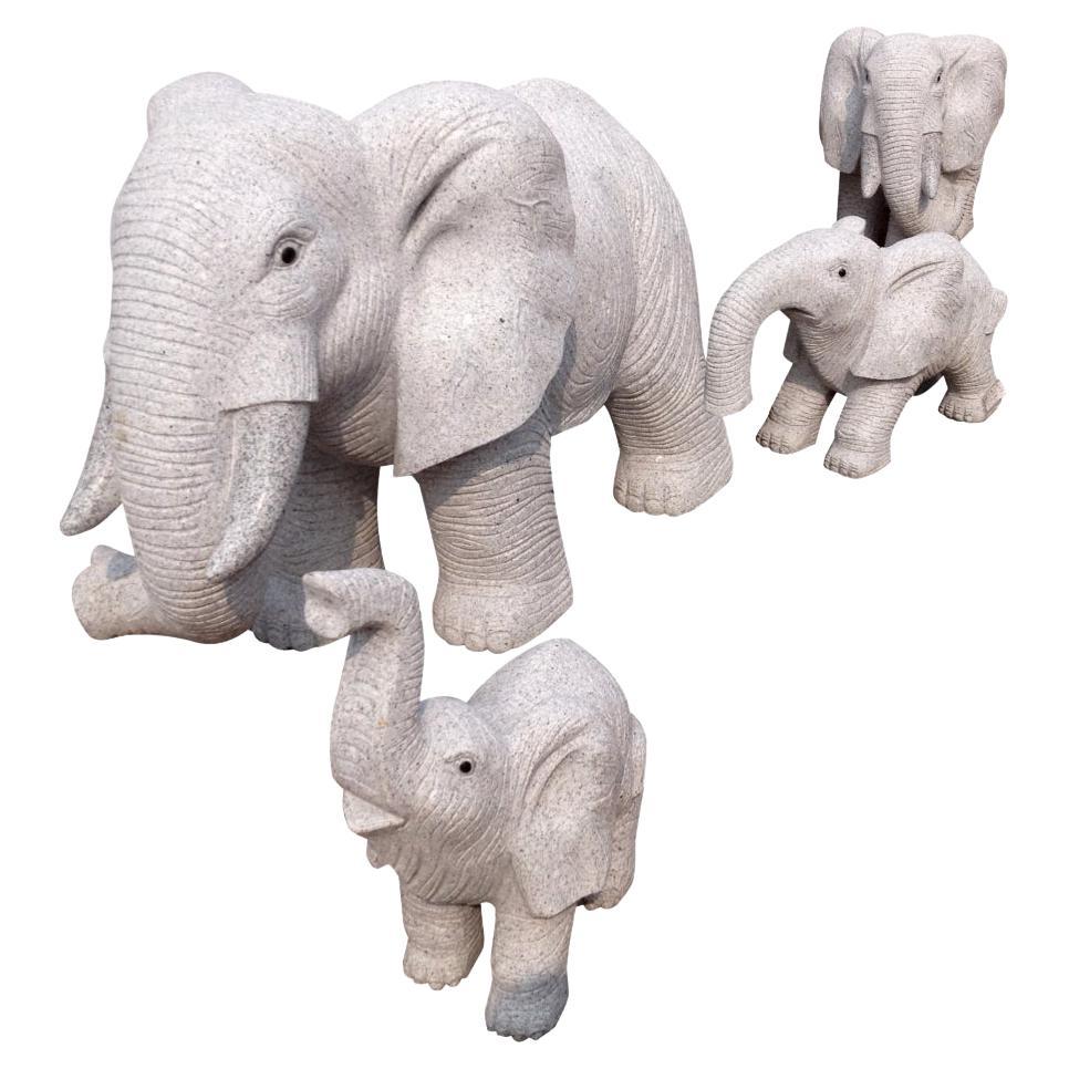1990 Spanish Handcarved Grey Granite Stone Family Set of Elephants For Sale