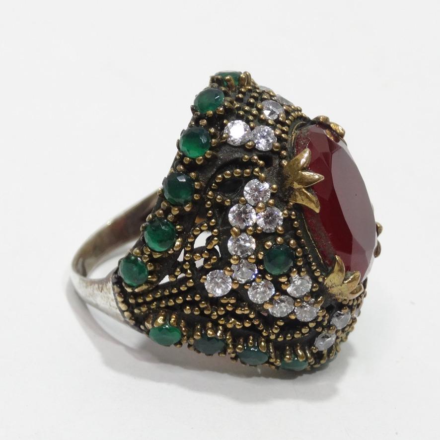 1990 Synethic Ruby Emerald Cocktail Ring In Excellent Condition For Sale In Scottsdale, AZ