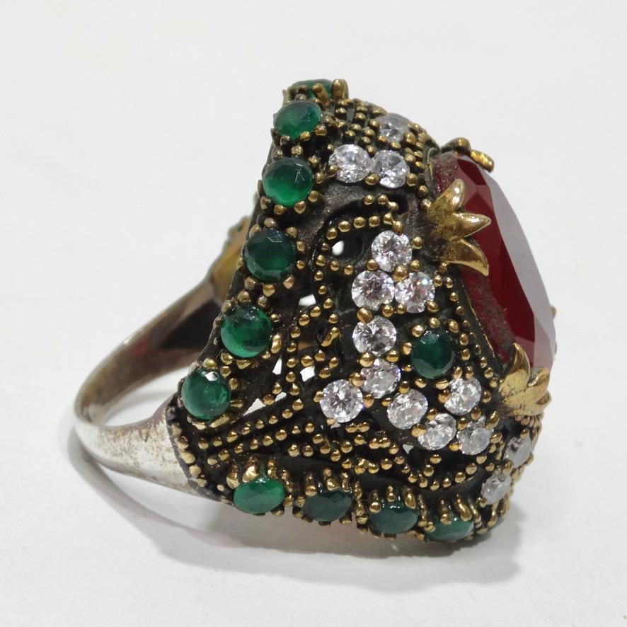 Women's or Men's 1990 Synethic Ruby Emerald Cocktail Ring For Sale