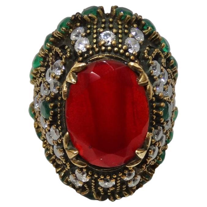 1990 Synethic Ruby Emerald Cocktail Ring For Sale