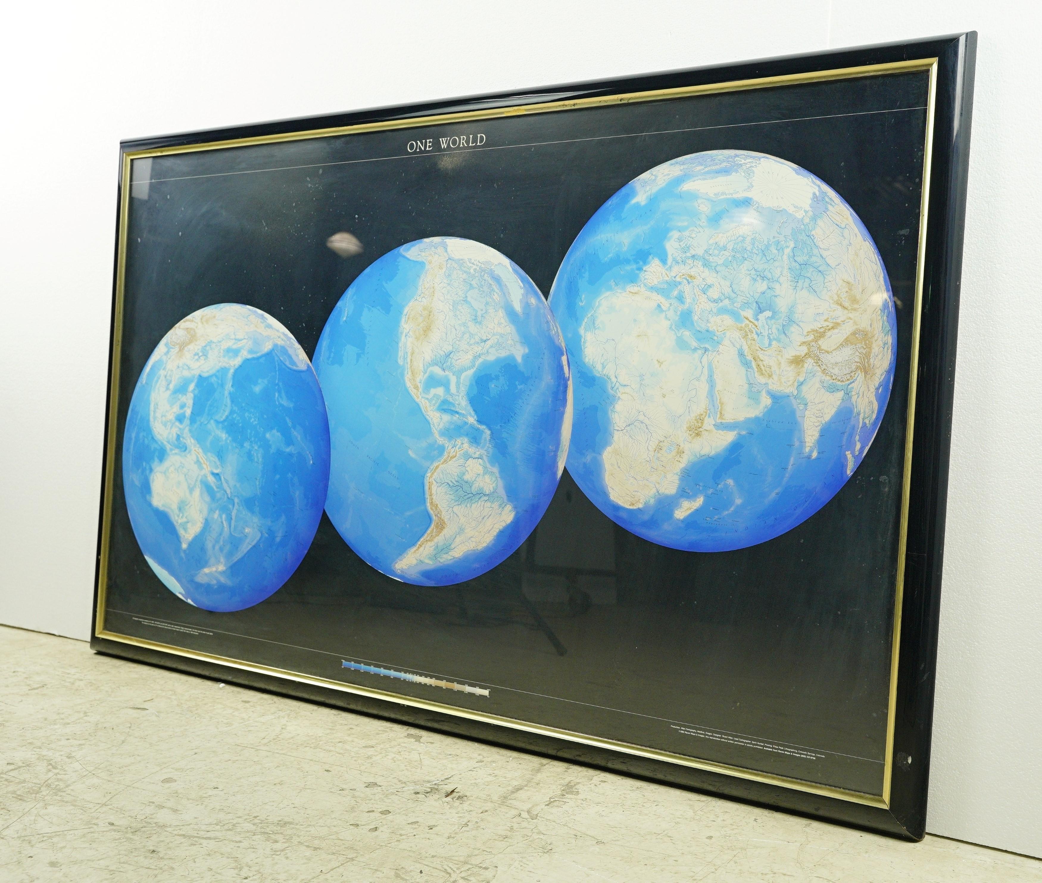 1990 Triple Perspective Planet Earth Map Framed Poster For Sale 2