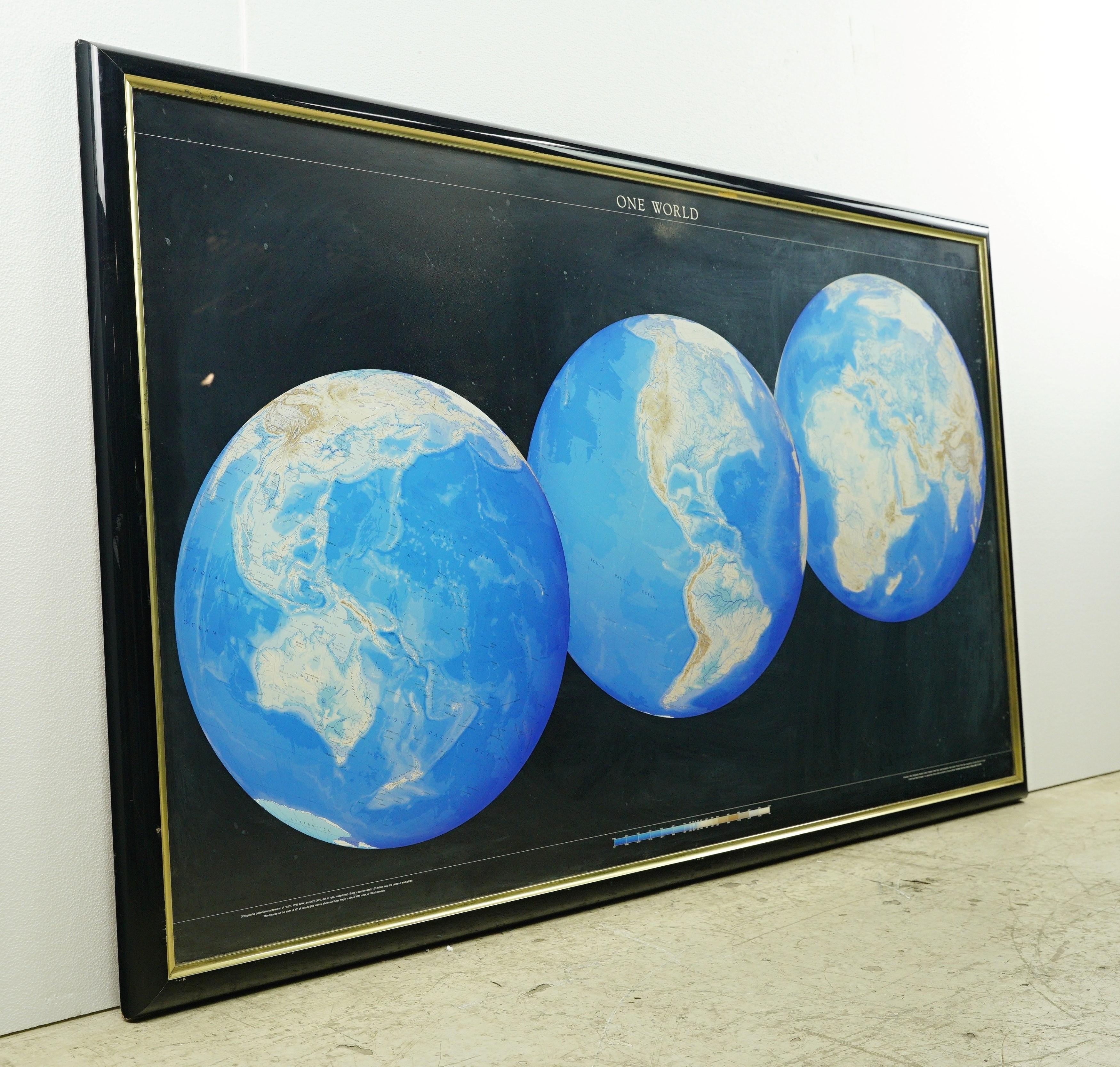 1990 Triple Perspective Planet Earth Map Framed Poster For Sale 3