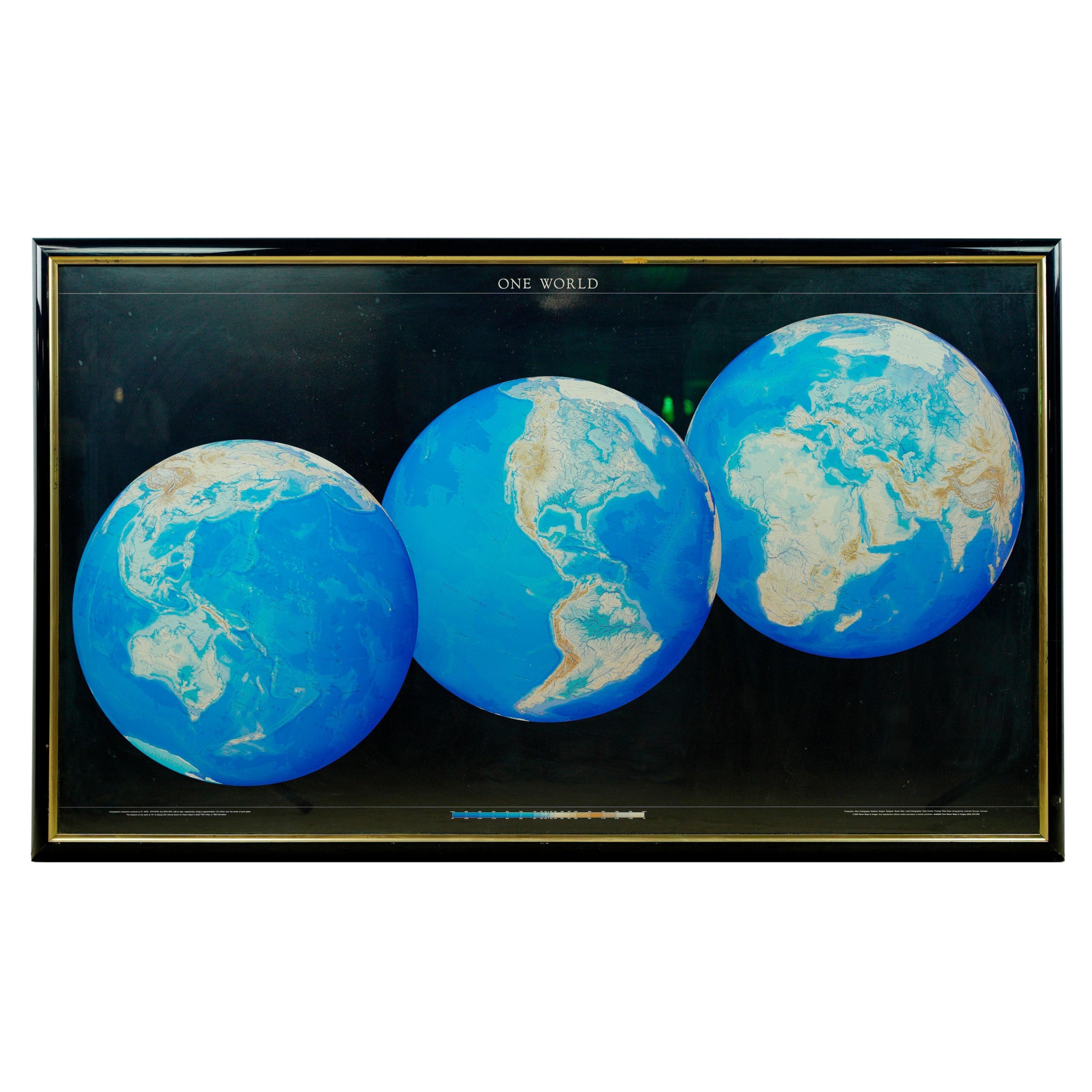 1990 Triple Perspective Planet Earth Map Framed Poster For Sale