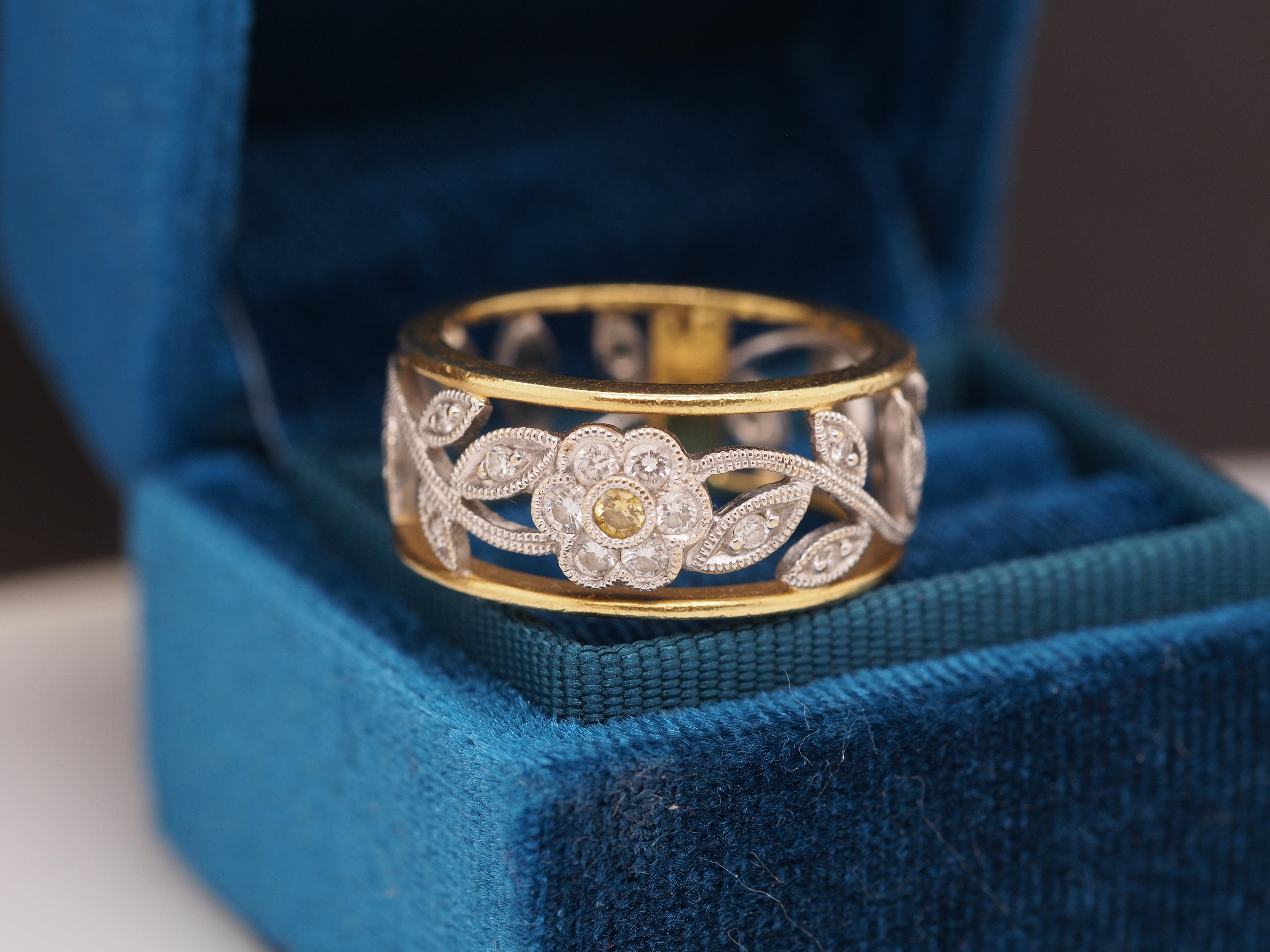 Year: 1990

Item Details:
Ring Size: 6.5
Metal Type: Two Tone 18K Yellow/White Gold [Hallmarked, and Tested]
Weight: 5.8 grams

Diamond Details: .40cttw

Color: F

Clarity: VS

Band Width: mm
Condition: Excellent

Price: $1250