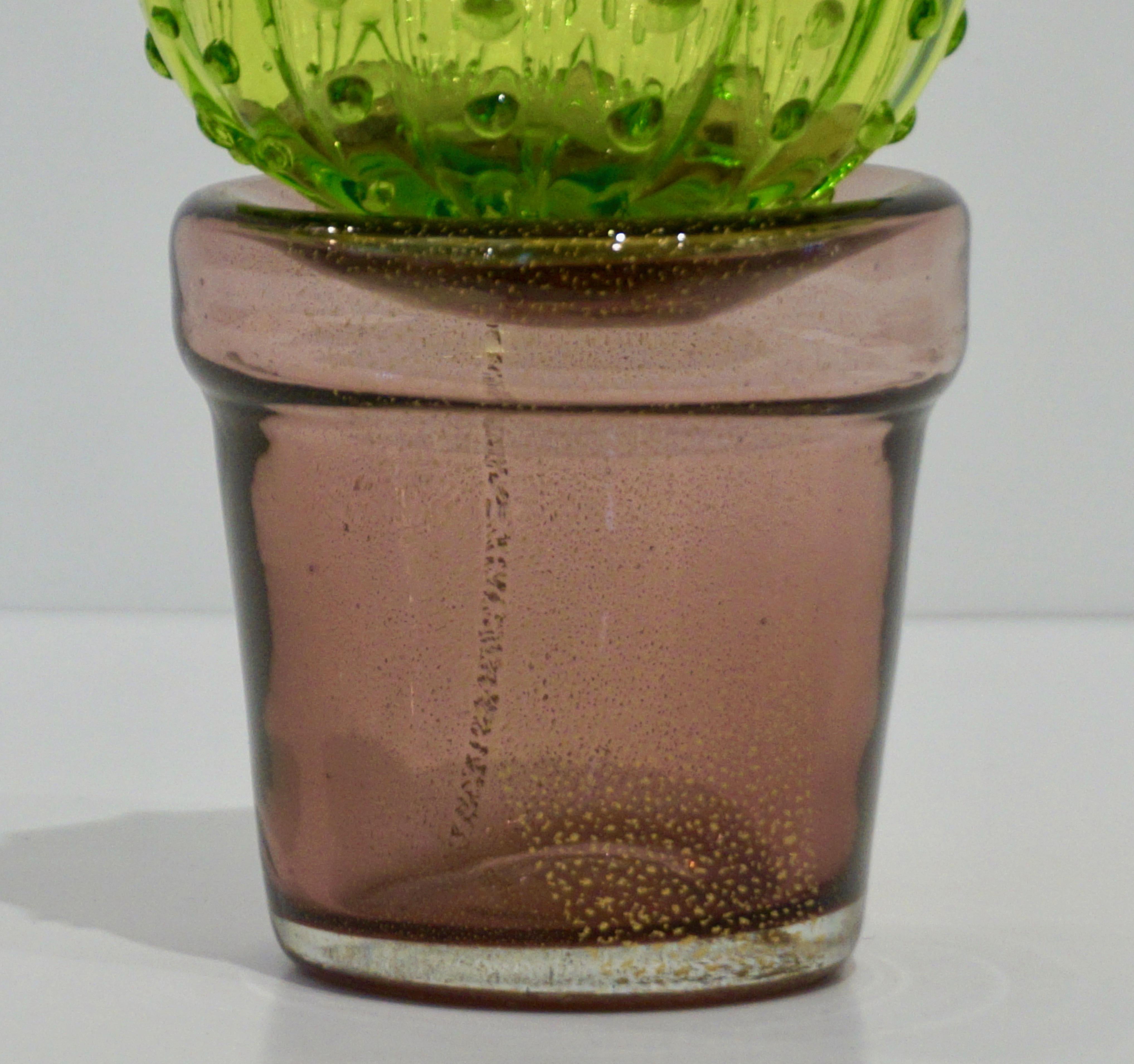 Hand-Crafted 1990 Vintage Italian Emerald Green Murano Glass Small Cactus Plant in Purple Pot
