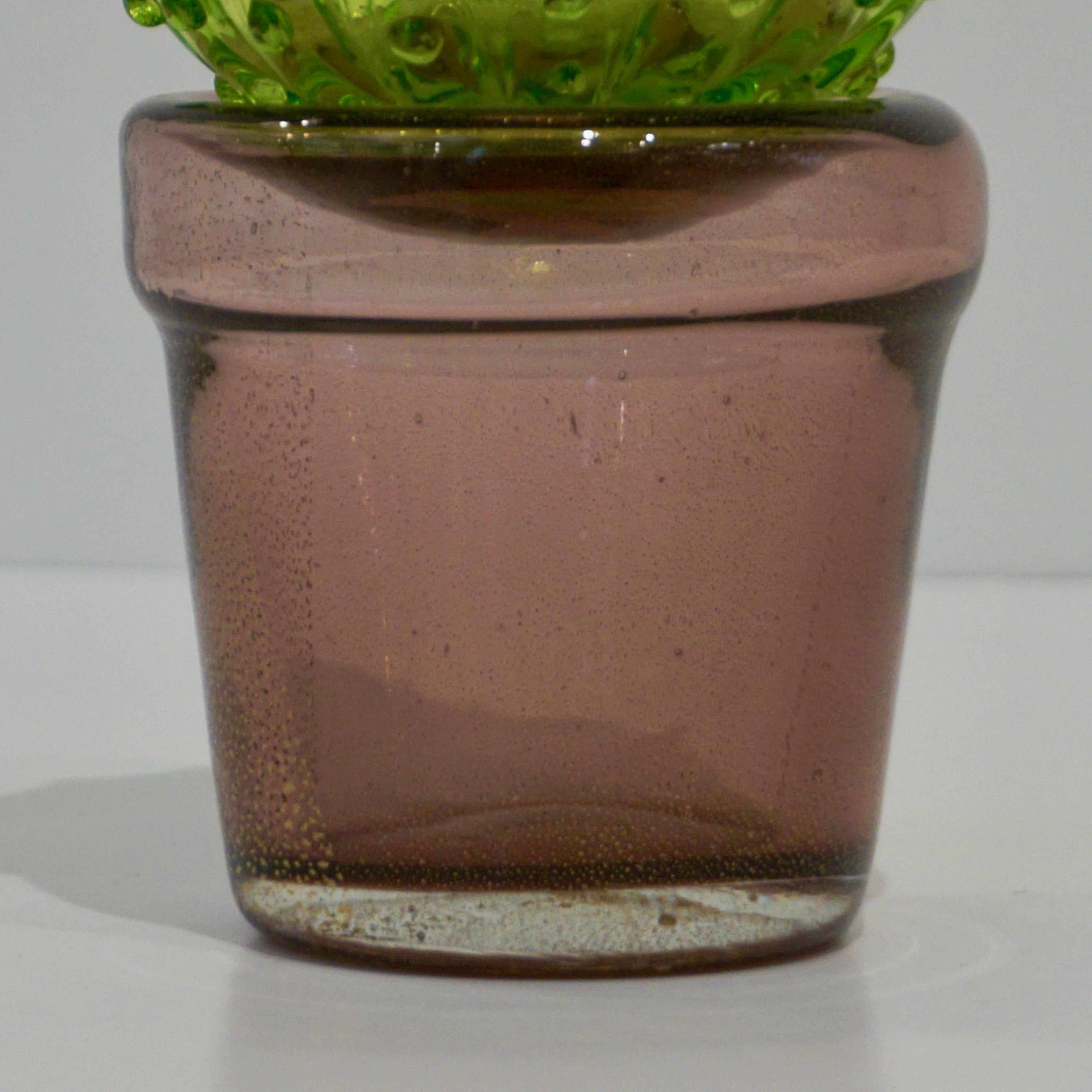 Gold 1990 Vintage Italian Emerald Green Murano Glass Small Cactus Plant in Purple Pot