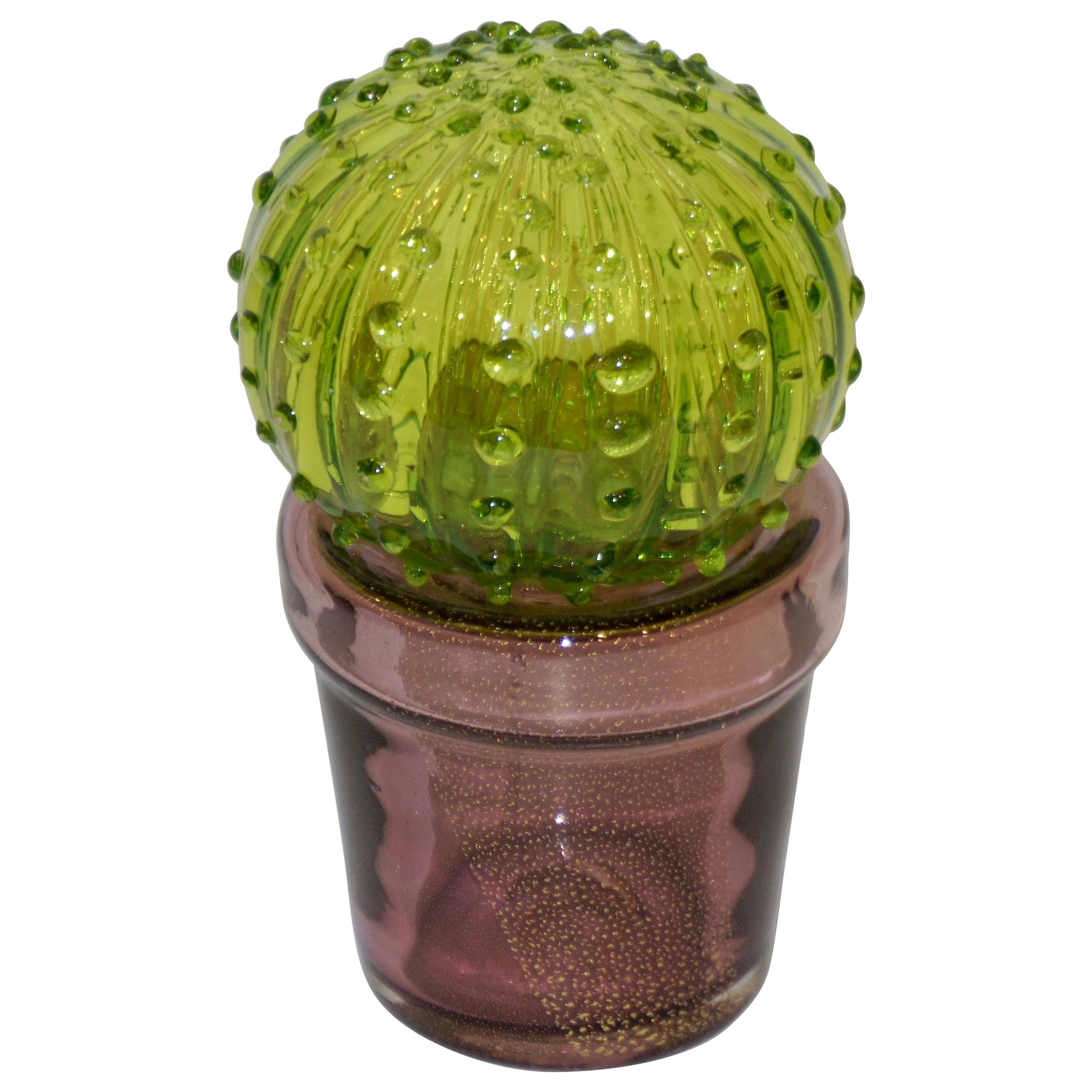 1990 Vintage Italian Emerald Green Murano Glass Small Cactus Plant in Purple Pot