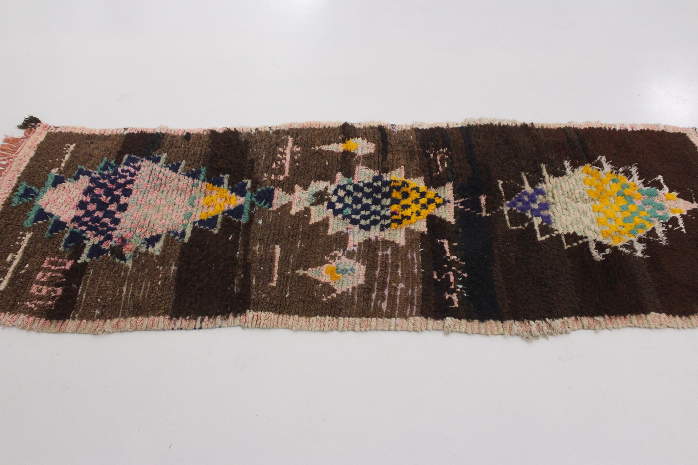 1990 vintage Moroccan Azilal runner rug - Brown/pink - 3x8.7feet / 93x265cm For Sale 1