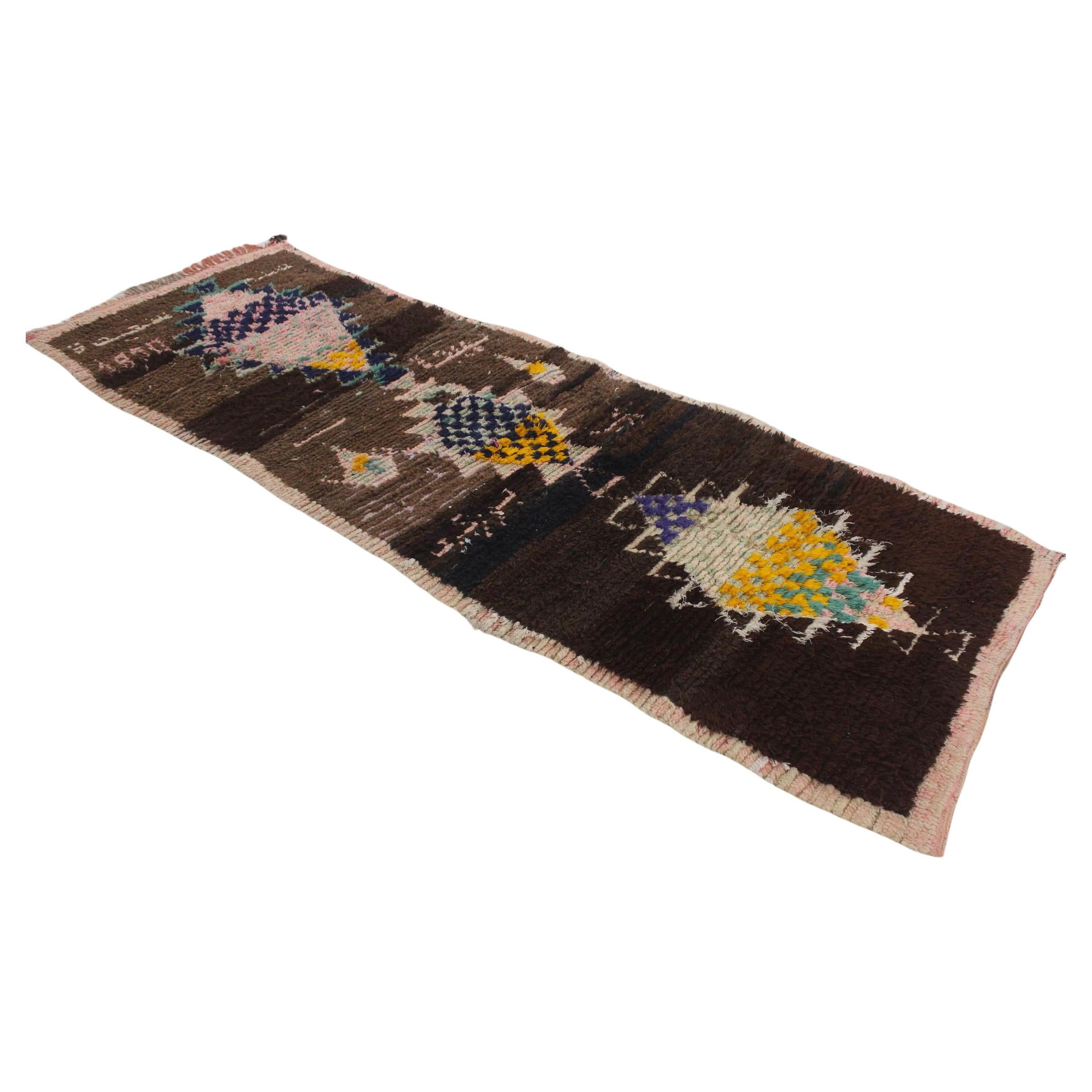 1990 vintage Moroccan Azilal runner rug - Brown/pink - 3x8.7feet / 93x265cm For Sale