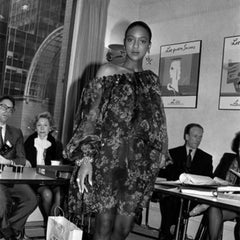 1990 Yves Saint Laurent Black and Gold Chiffon Dress With Sheer Balloon Sleeves