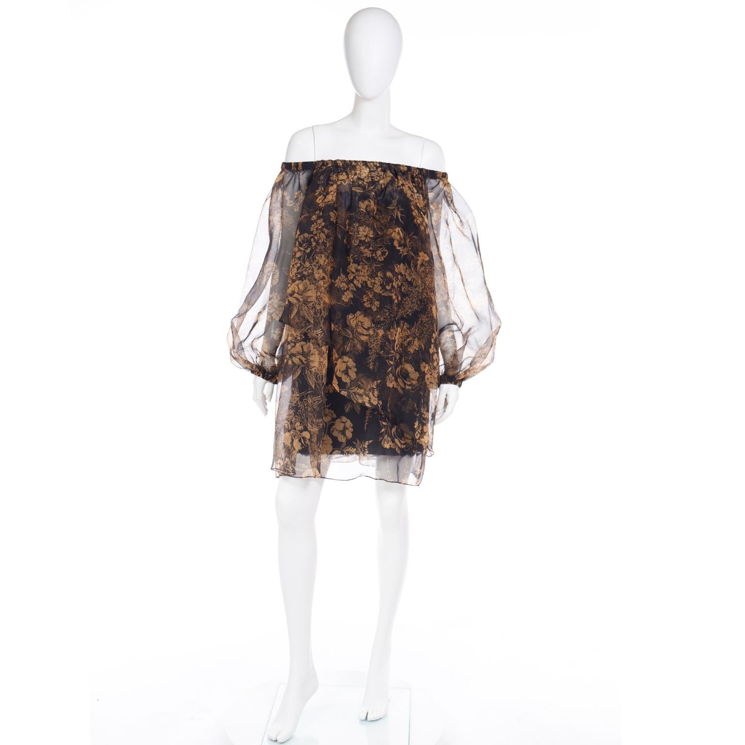 1990 Yves Saint Laurent Black and Gold Chiffon Dress With Sheer Balloon Sleeves In Excellent Condition For Sale In Portland, OR