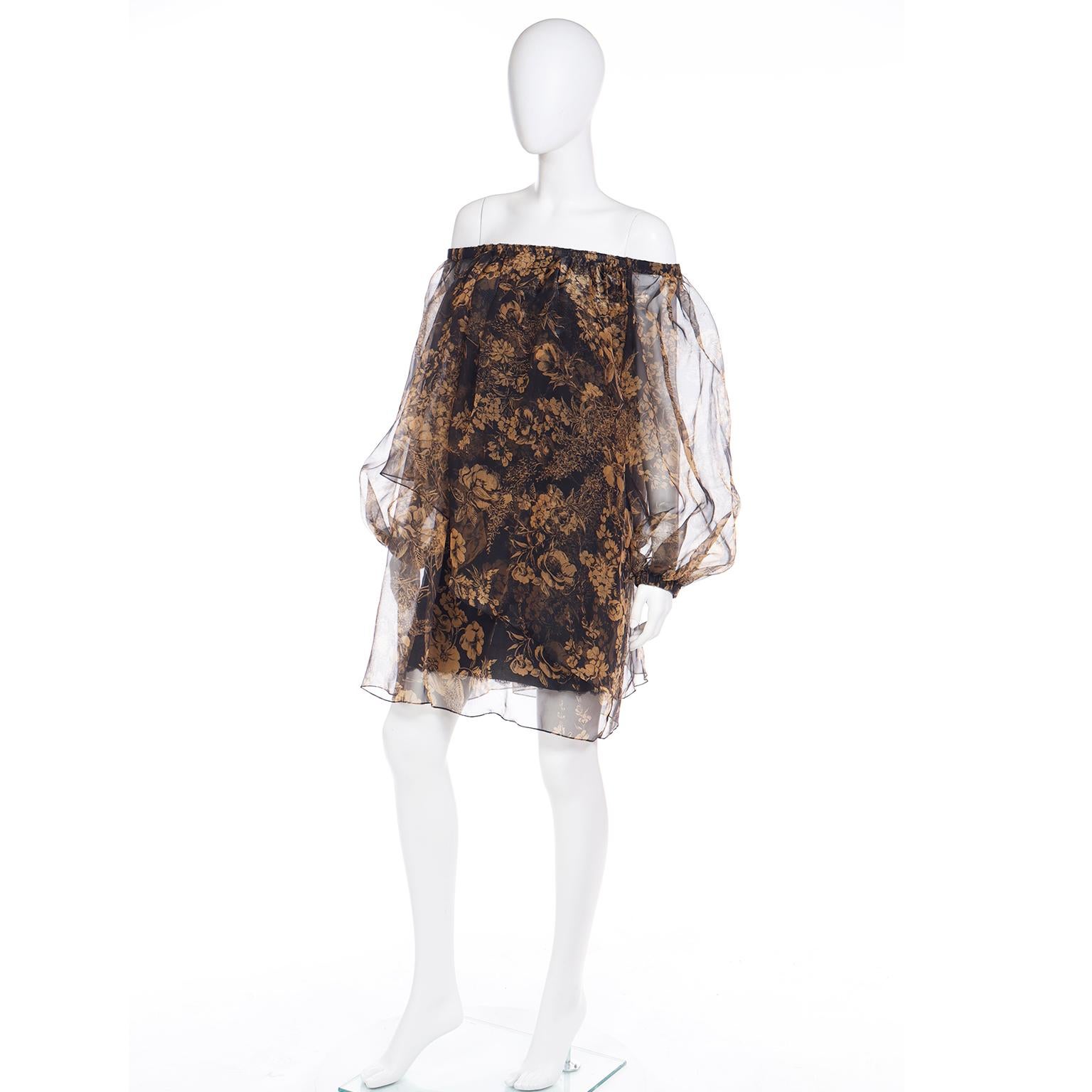 Women's 1990 Yves Saint Laurent Black and Gold Chiffon Dress With Sheer Balloon Sleeves For Sale