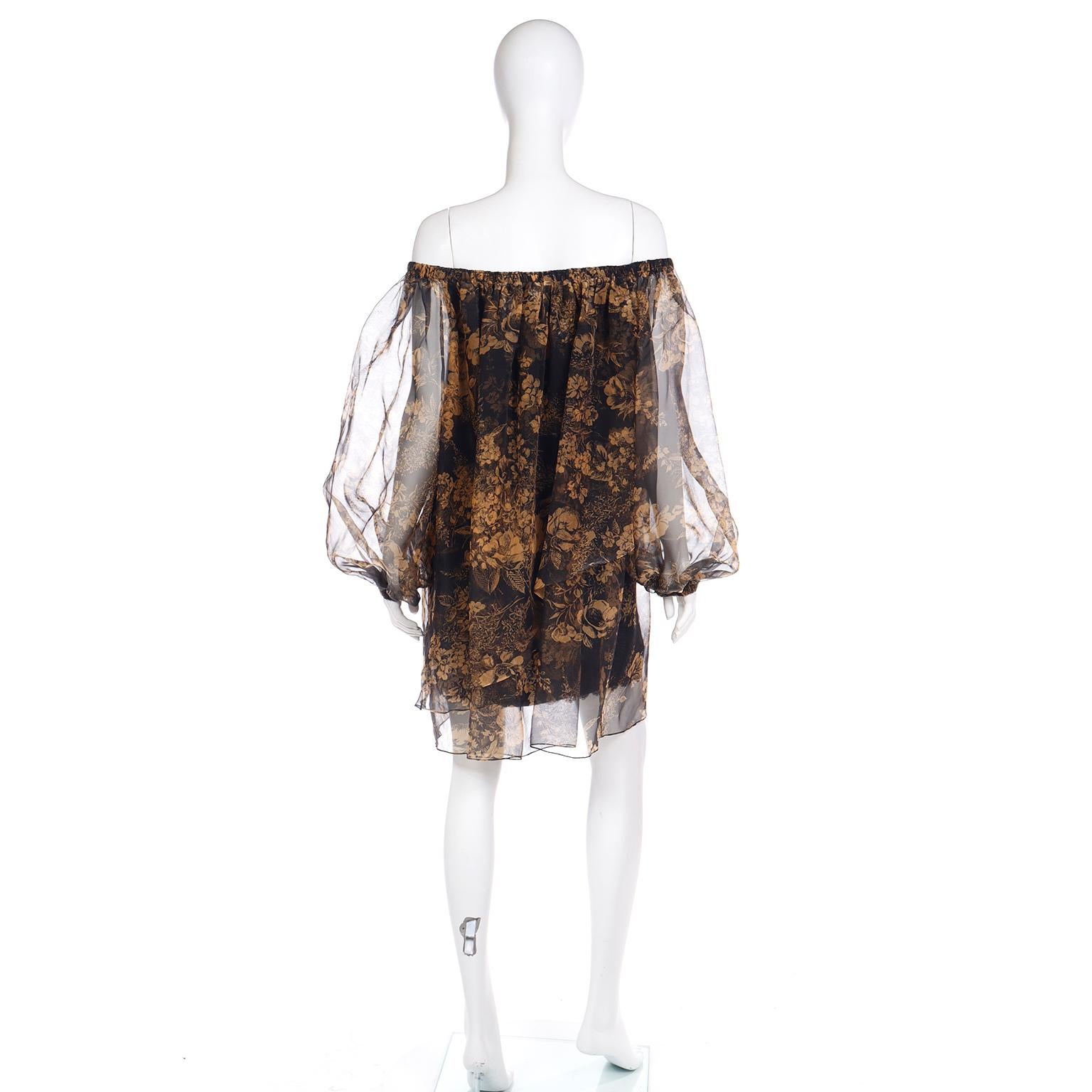 1990 Yves Saint Laurent Black and Gold Chiffon Dress With Sheer Balloon Sleeves For Sale 2