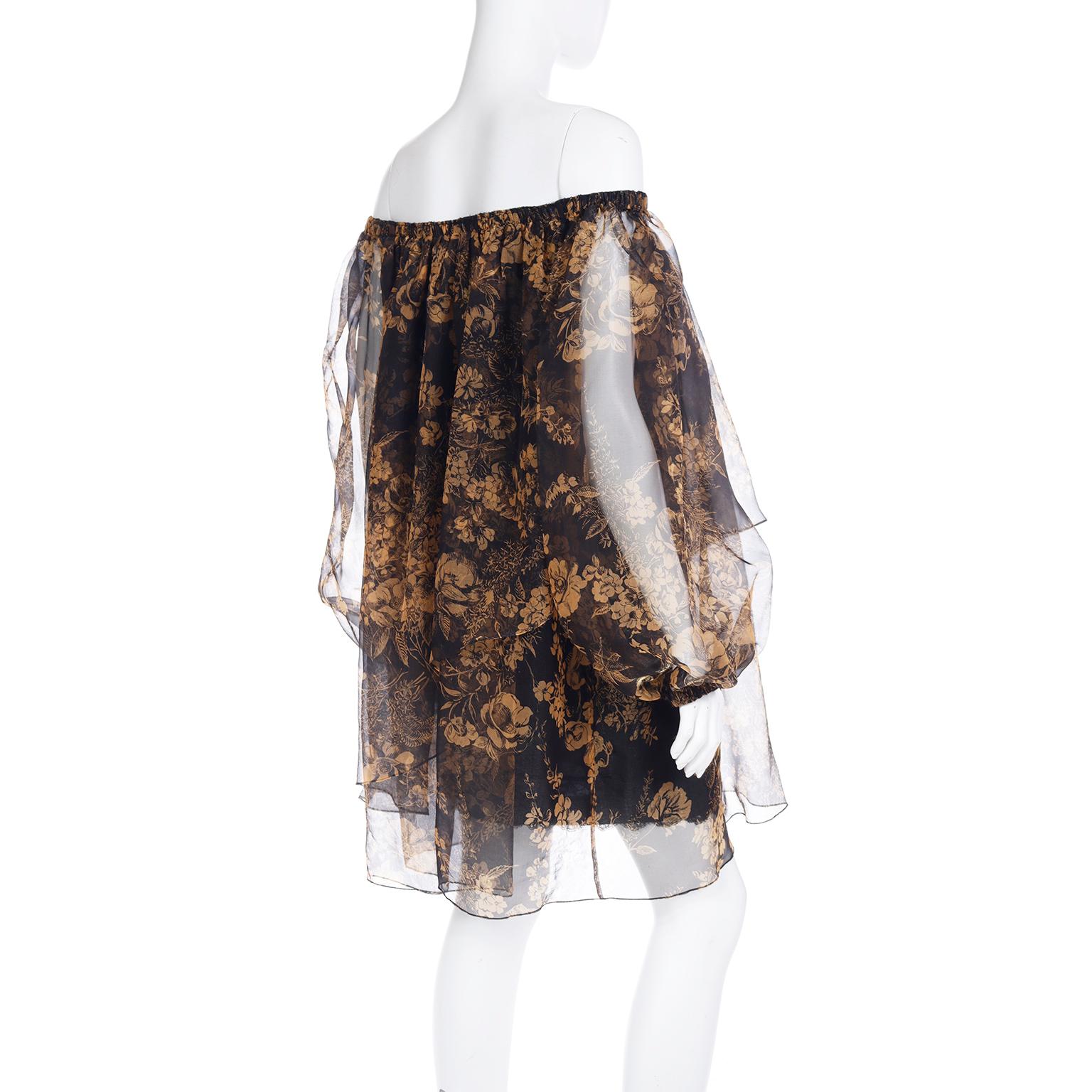 1990 Yves Saint Laurent Black and Gold Chiffon Dress With Sheer Balloon Sleeves For Sale 3