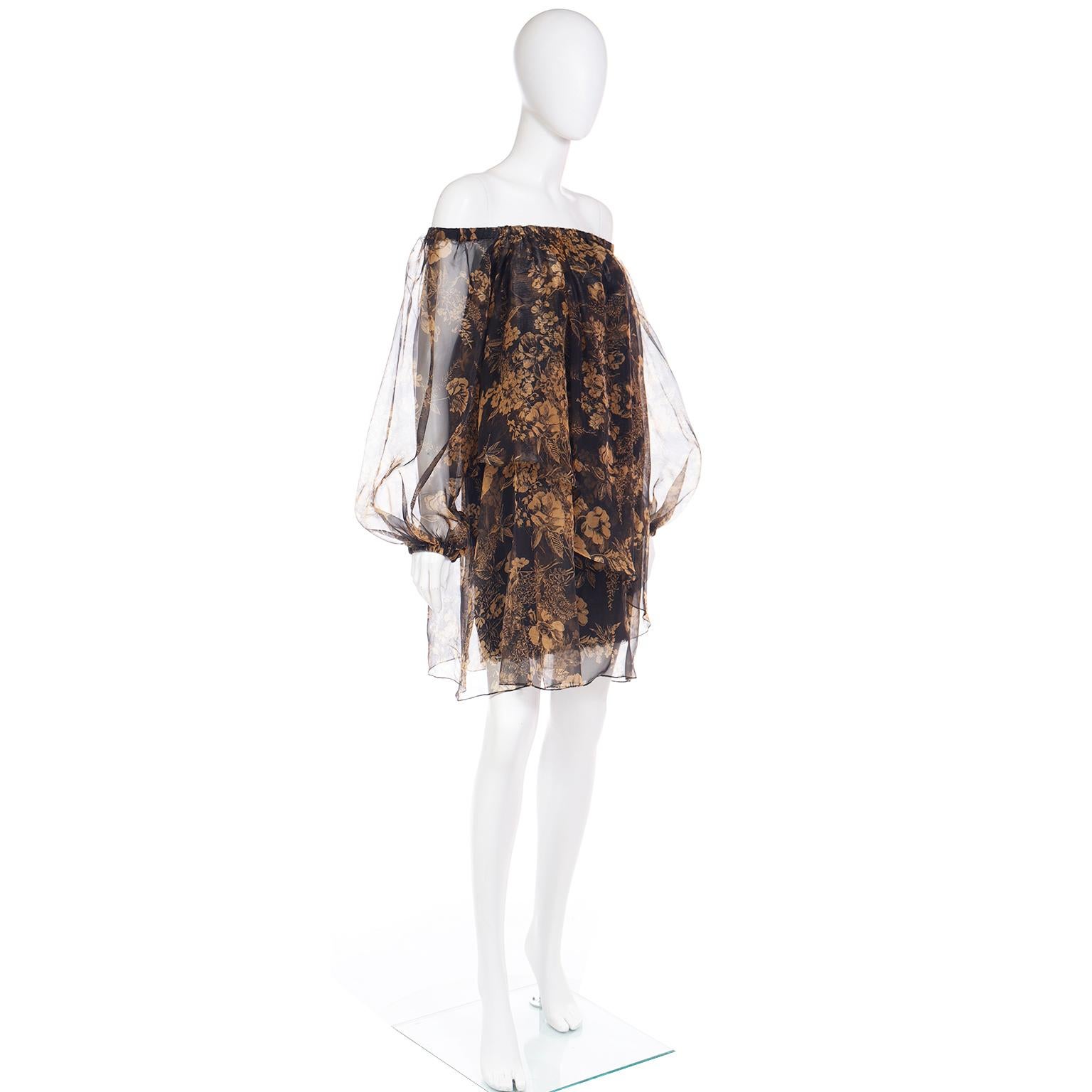 1990 Yves Saint Laurent Black and Gold Chiffon Dress With Sheer Balloon Sleeves For Sale 4