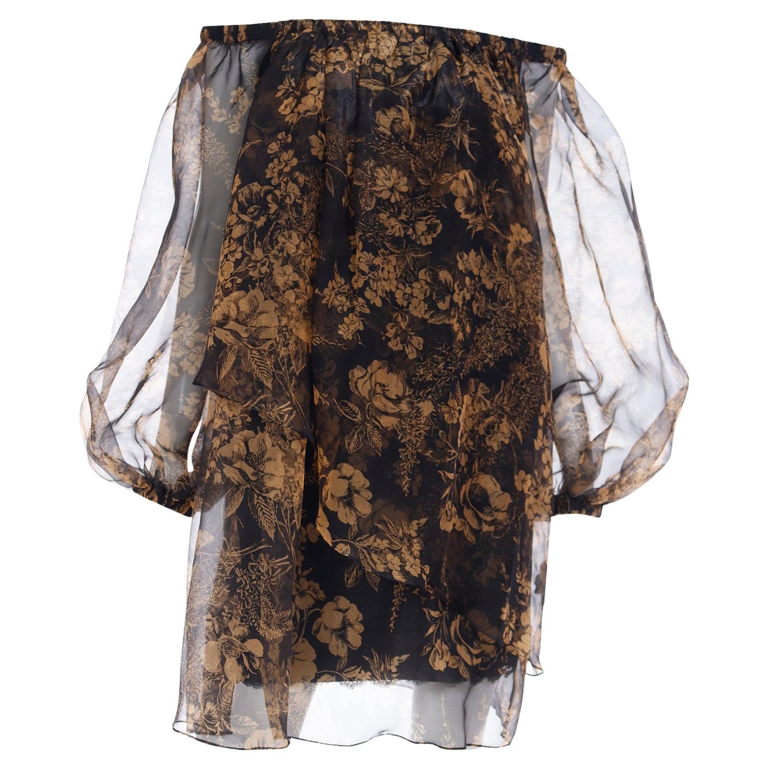 1990 Yves Saint Laurent Black and Gold Chiffon Dress With Sheer Balloon Sleeves For Sale