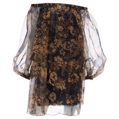 Vintage 1990 Yves Saint Laurent Black and Gold Chiffon Dress With Sheer Balloon Sleeves