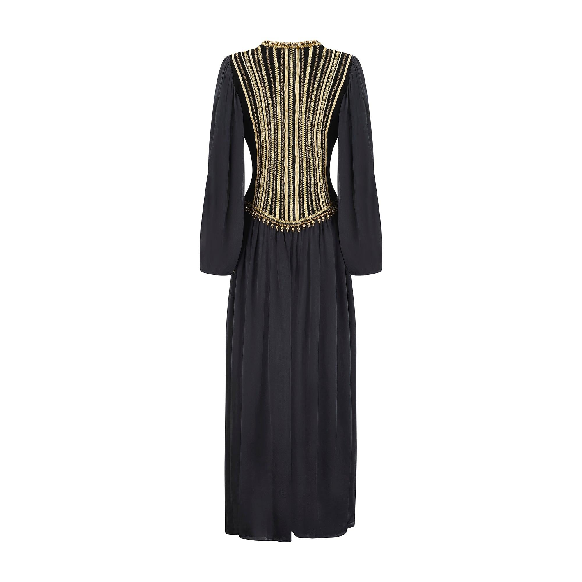 1990 Yves Saint Laurent Black Silk Dress with Gold Embellished Bodice In Excellent Condition For Sale In London, GB