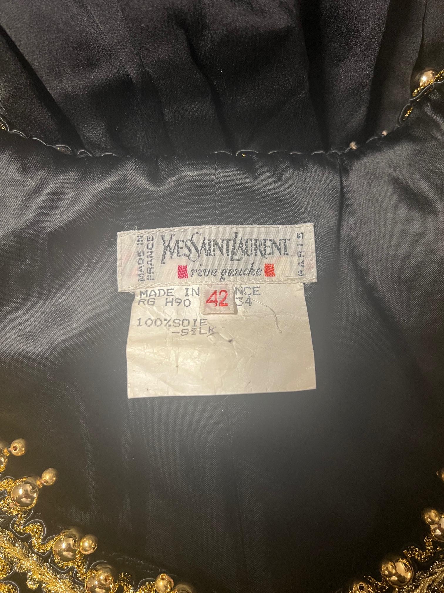 1990 Yves Saint Laurent Black Silk Dress with Gold Embellished Bodice For Sale 1