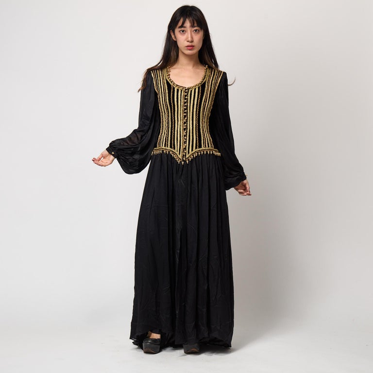 1990 Yves Saint Laurent Black Silk Dress with Gold Embellished Bodice For Sale at 1stDibs