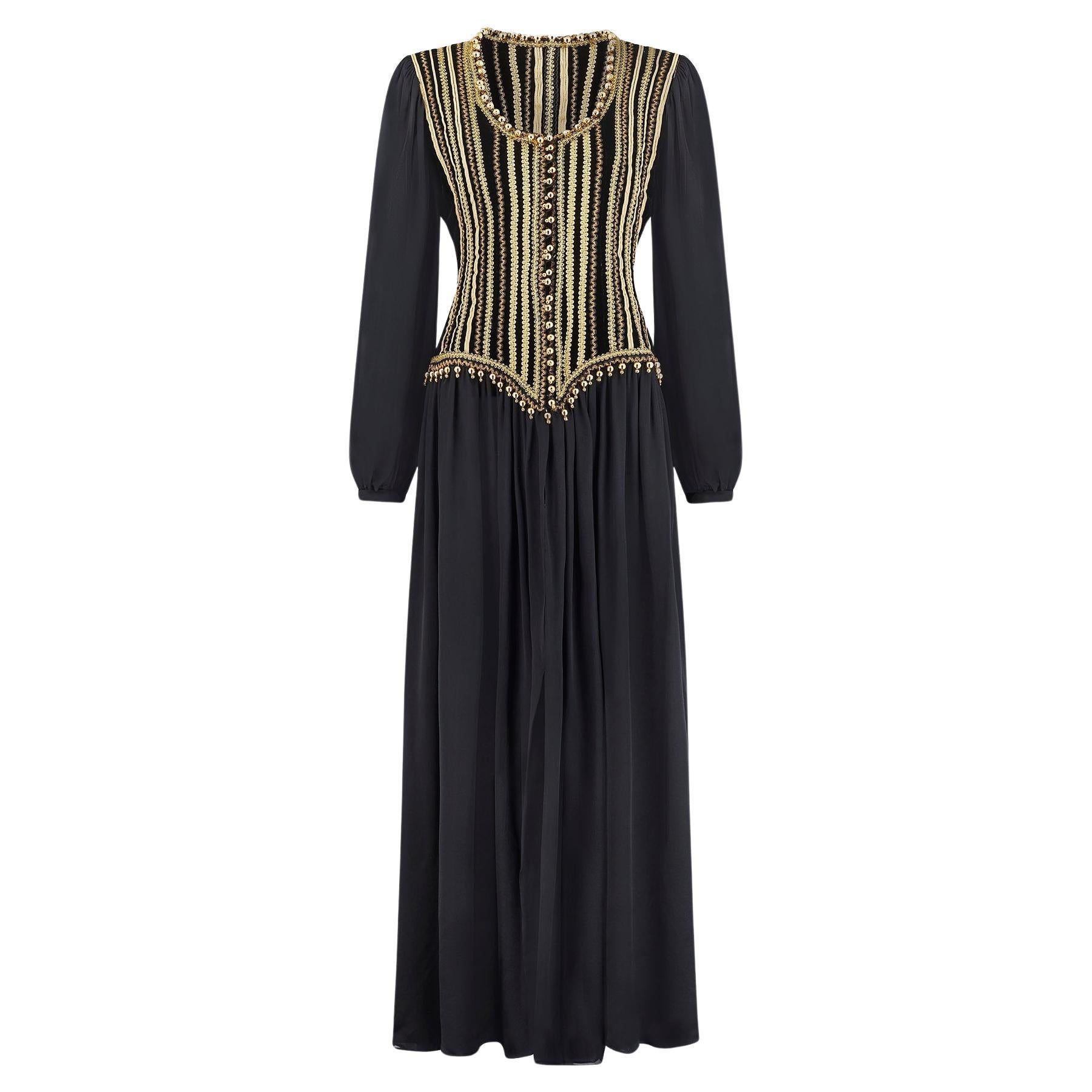 1990 Yves Saint Laurent Black Silk Dress with Gold Embellished Bodice For Sale