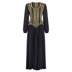 1990 Yves Saint Laurent Black Silk Dress with Gold Embellished Bodice