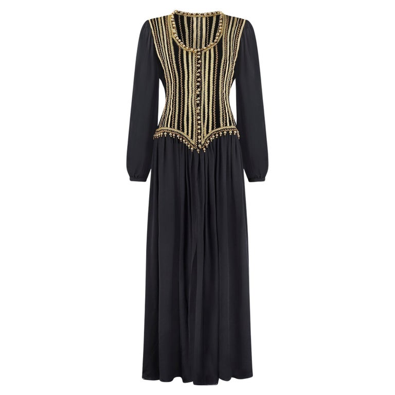 1990 Yves Saint Laurent Black Silk Dress with Gold Embellished Bodice For  Sale at 1stDibs