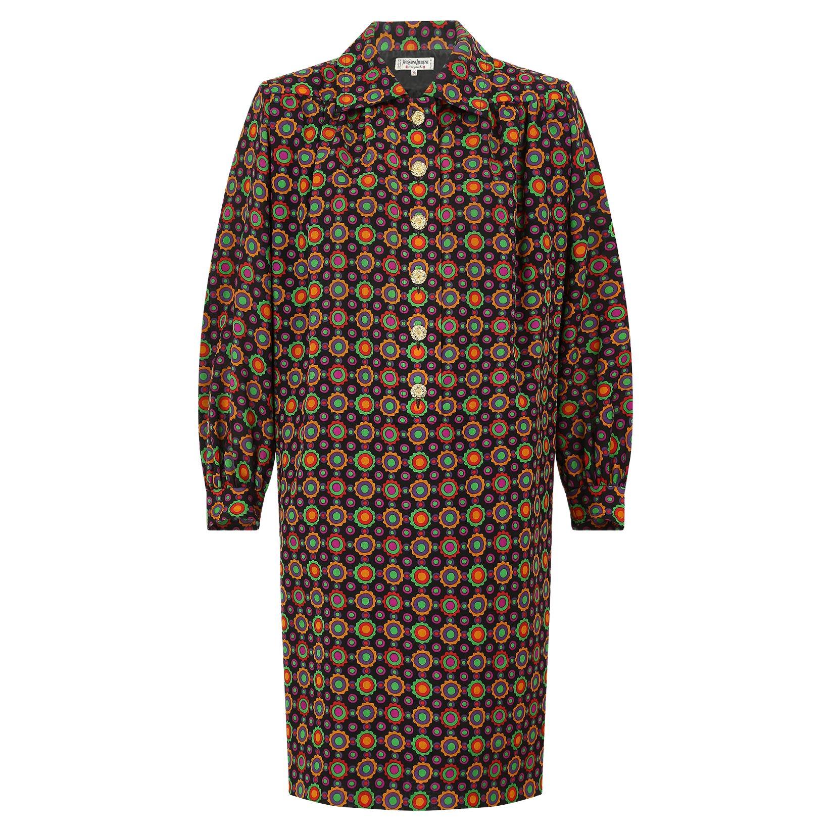 1990 Yves Saint Laurent Colourful Abstract Print Shirtwaister Dress For Sale