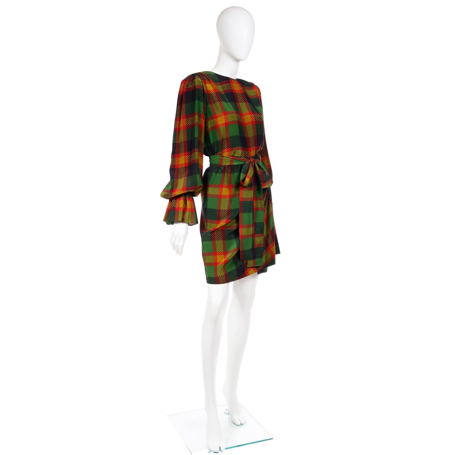 1990 Yves Saint Laurent Green & Orange Plaid Silk 2 pc Dress w Poet Sleeves For Sale 7