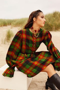 1990 Yves Saint Laurent Green & Orange Plaid Silk 2 pc Dress w Poet Sleeves