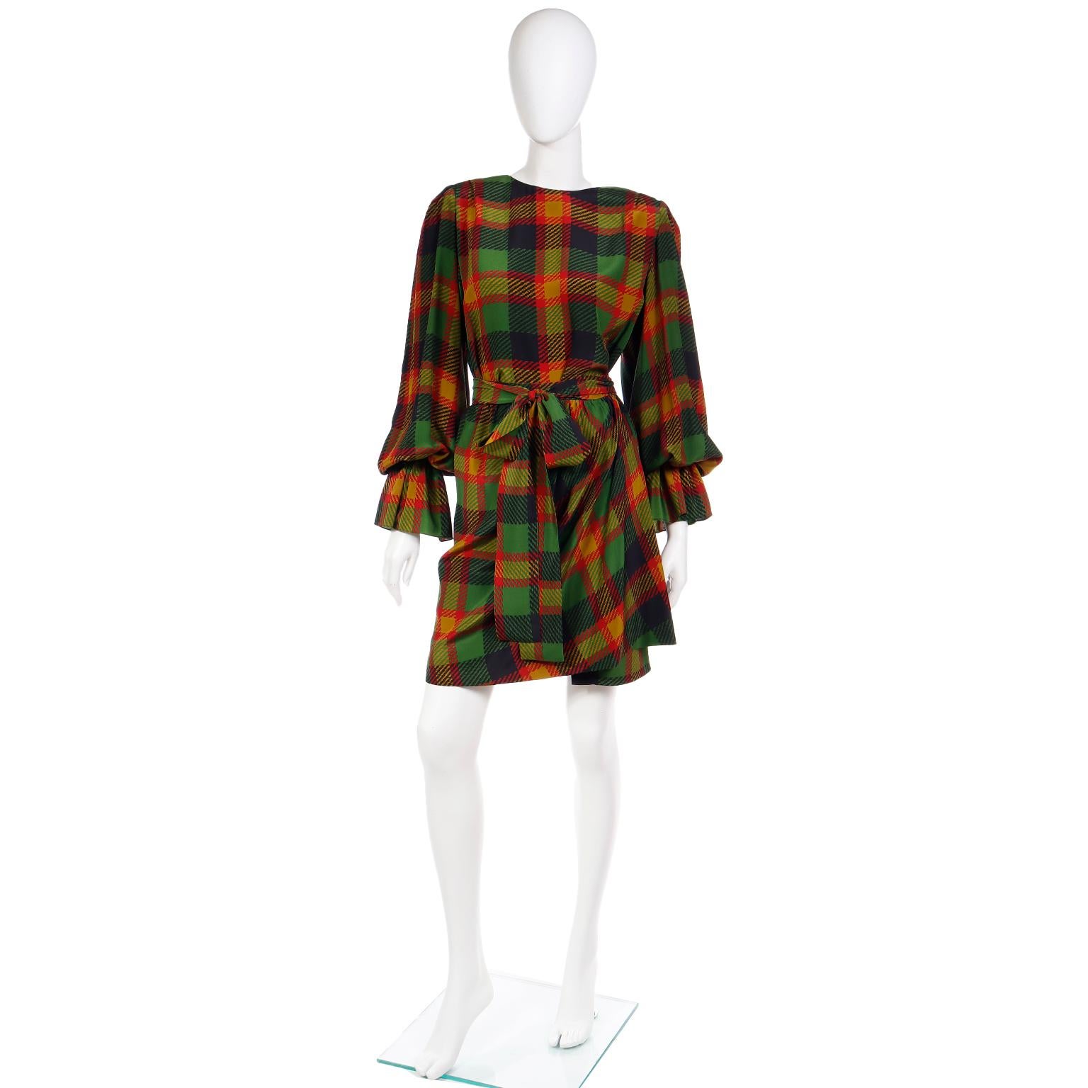 1990 Yves Saint Laurent Green & Orange Plaid Silk 2 pc Dress w Poet Sleeves In Excellent Condition For Sale In Portland, OR