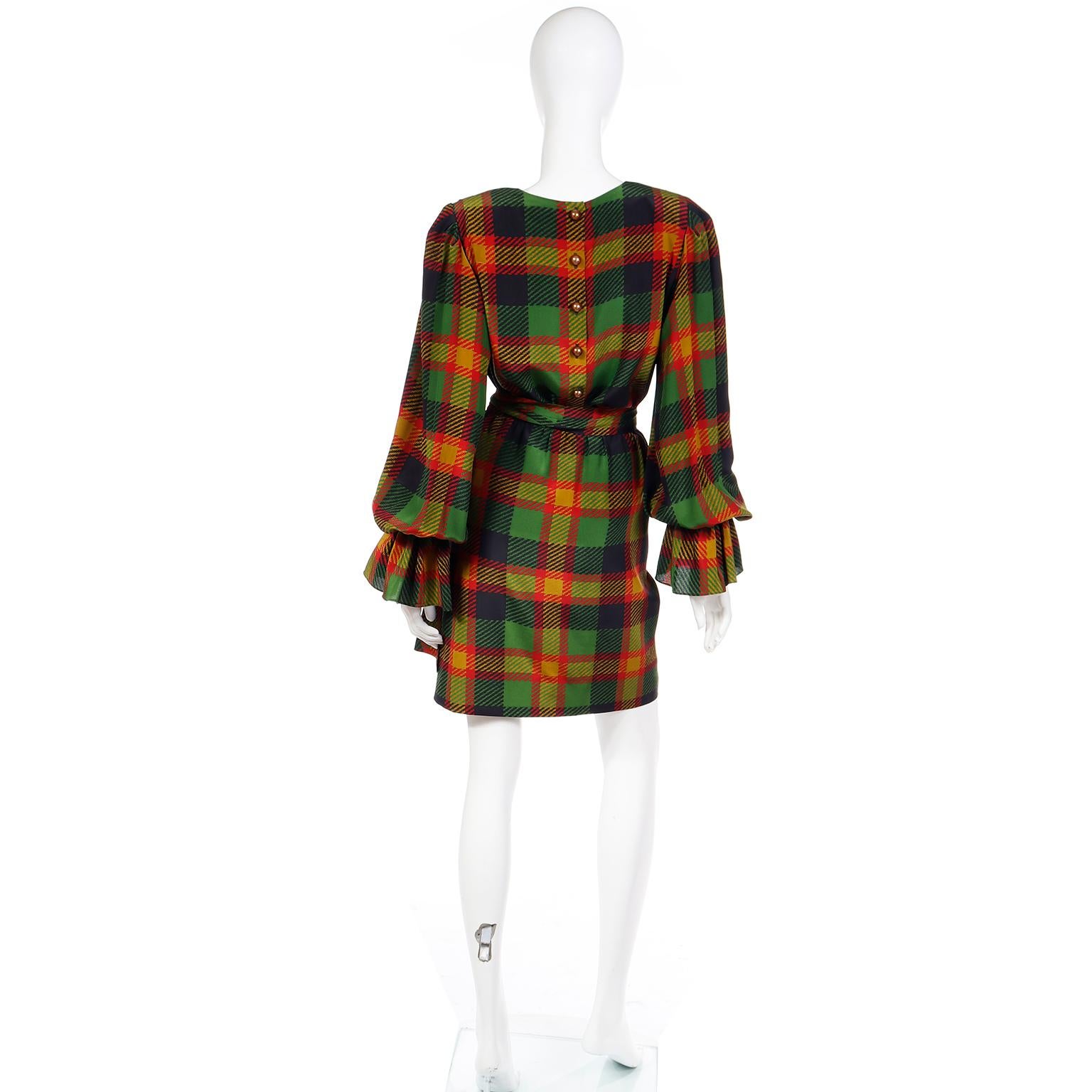 1990 Yves Saint Laurent Green & Orange Plaid Silk 2 pc Dress w Poet Sleeves For Sale 1