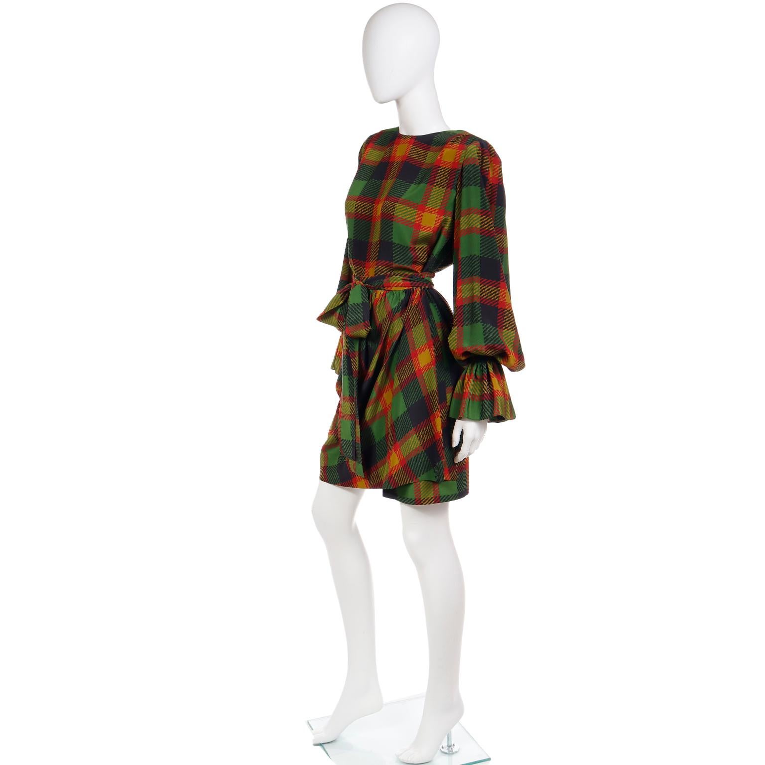 1990 Yves Saint Laurent Green & Orange Plaid Silk 2 pc Dress w Poet Sleeves For Sale 2